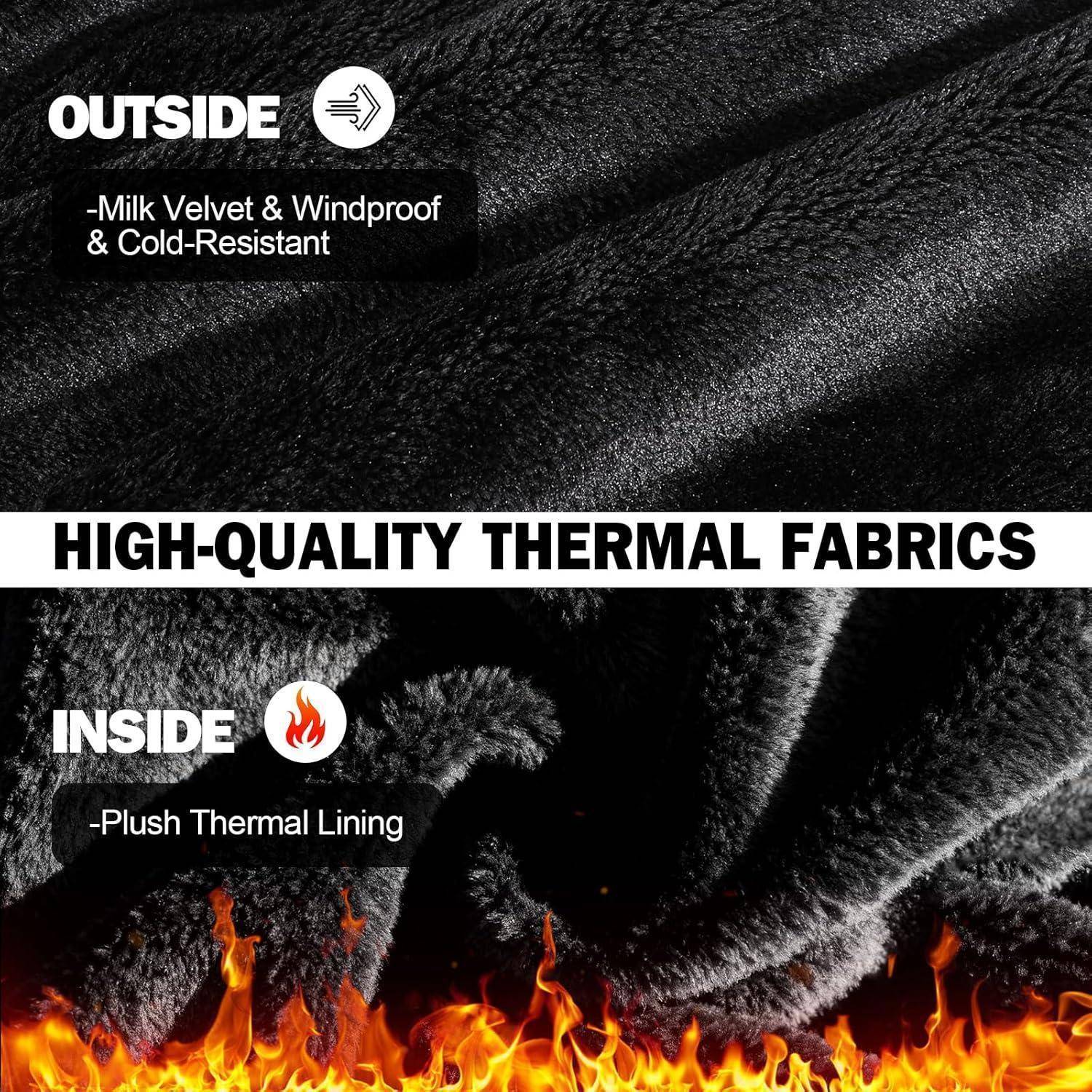 Werbegrafik zum Vergleich von Thermostoffen: außen ist Milchsamt, winddicht und kältebeständig; innen ist Plüsch-Thermofutter mit einem Flammband und Text 