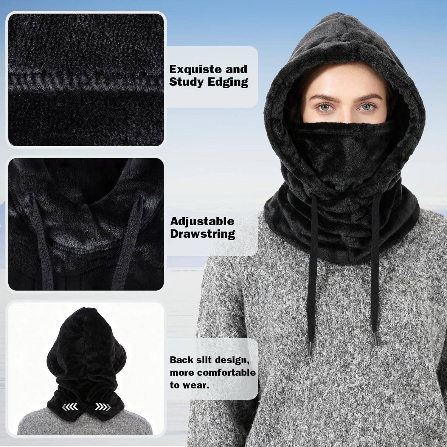 Produktbild einer schwarzen Kapuzen-Gesichtsmaske an einem Modell, die exquisite Kanten, verstellbare Zugschnüre und einen Schlitz auf der Rückseite zur Steigerung des Tragekomforts hervorhebt.
