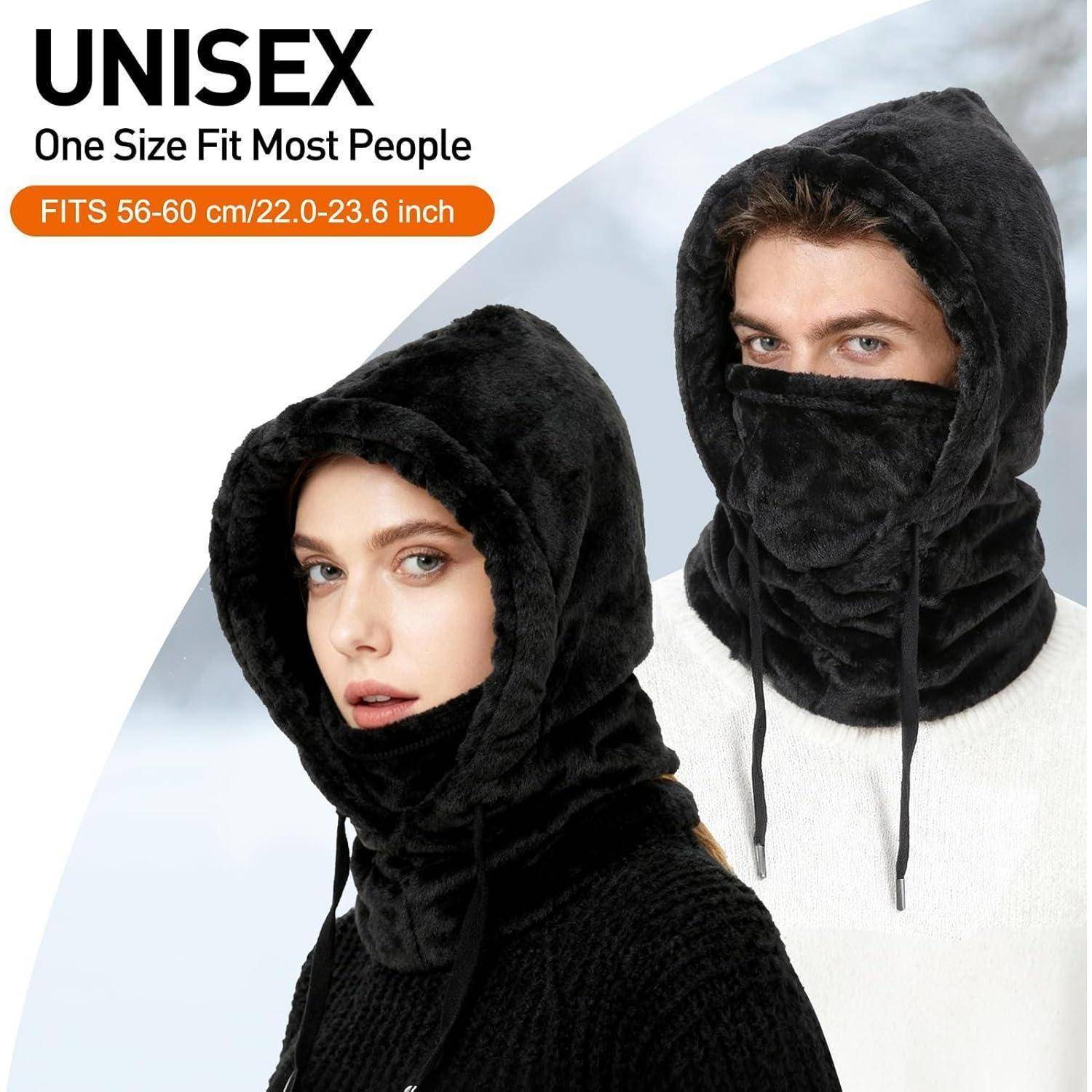 Anzeige für einen unisex Kapuzen-Gesichtswärmer in Einheitsgröße, passend für Kopfgrößen von 56-60 cm, präsentiert an einem Mann und einer Frau, die Kopf und Nacken bedecken.
