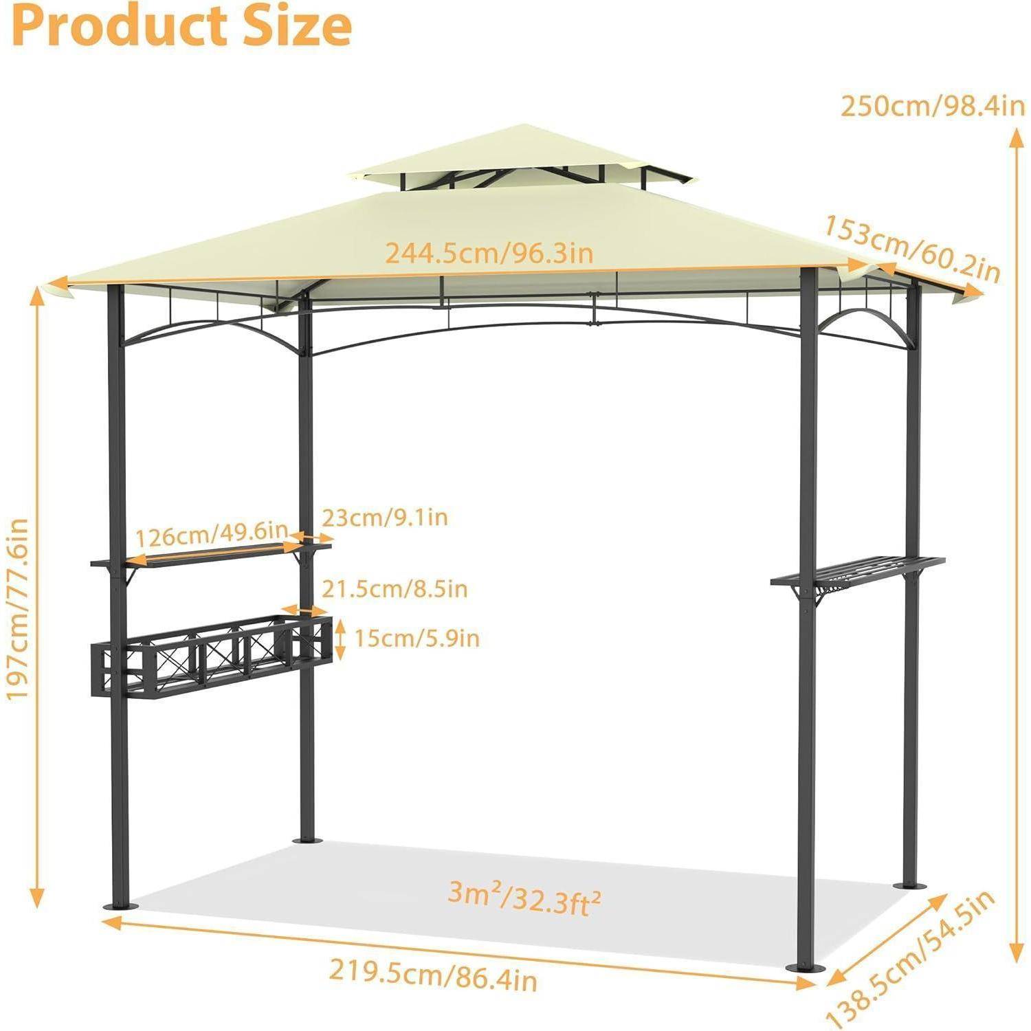 Produktgrößendiagramm eines Pavillons mit Dachabmessungen von 244,5 cm x 153 cm, Gesamthöhe 250 cm und Basis 219,5 cm x 148,5 cm; enthält Seitenlagermaße.