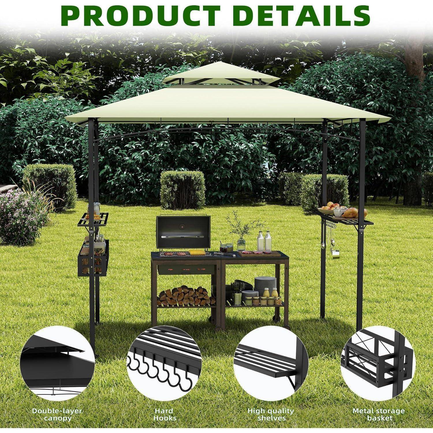 Produktdetailbild eines Gartenpavillon-Grillunterstands mit Dachüberdachung, Regalen, Haken und einem Metallaufbewahrungskorb; eingesetzte Nahaufnahmen zeigen Konstruktionsmerkmale.