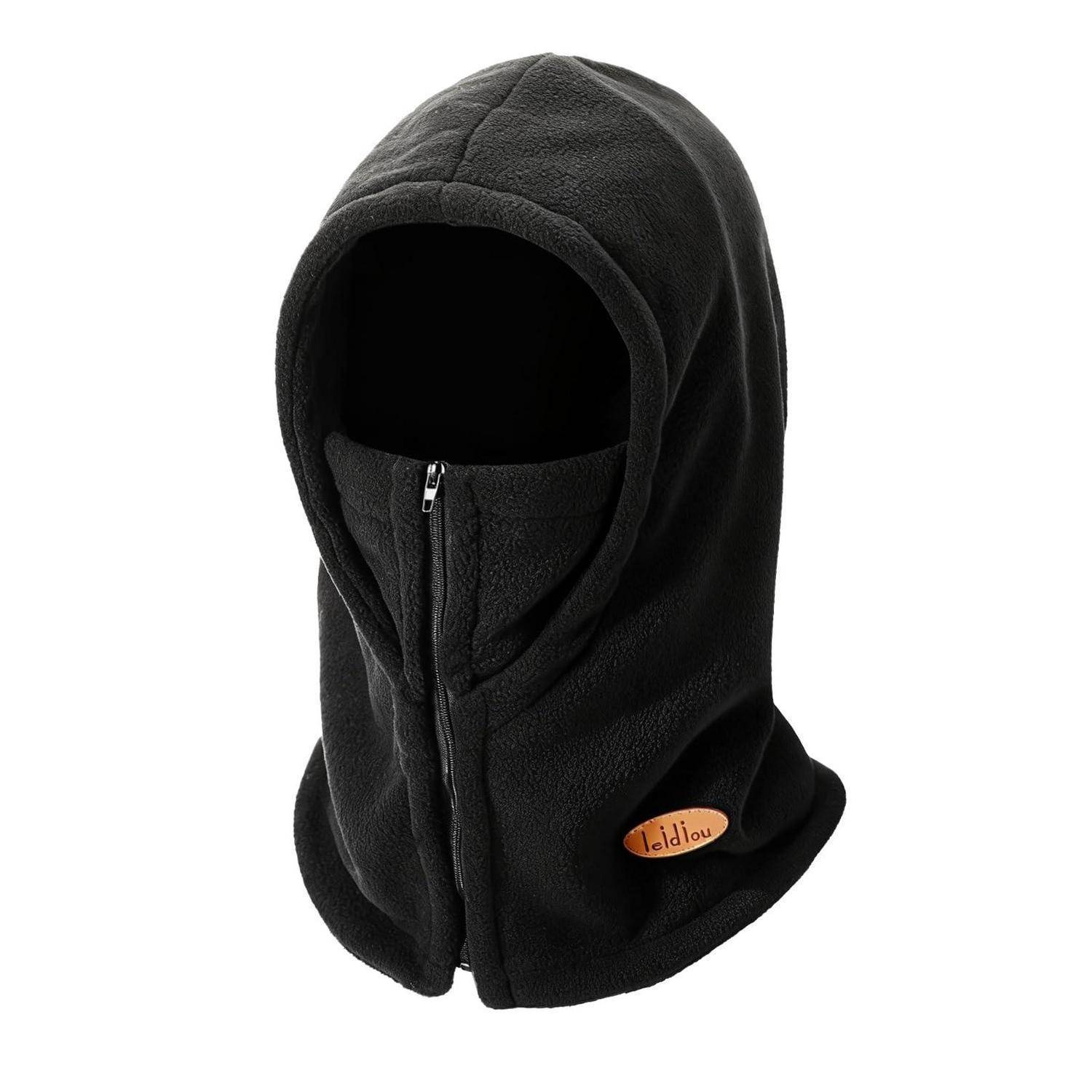 Schwarze Fleece-Sturmhaube mit Gesichtsöffnung und Frontreißverschluss, gezeigt auf weißem Hintergrund.