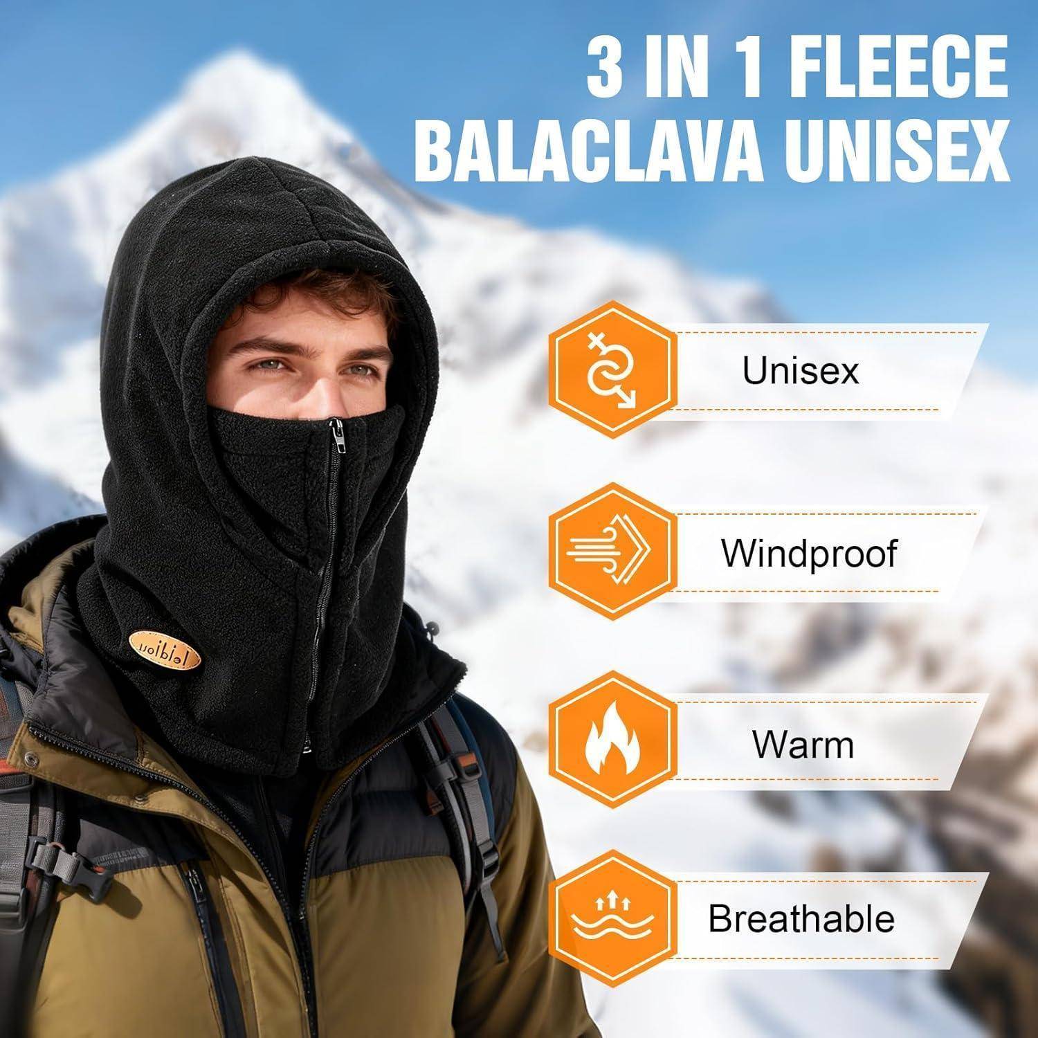 Mann, der eine schwarze 3-in-1-Fleece-Gesichtsmaske trägt; der Anzeigentext sagt „3 IN 1 FLEECE-GESICHTSMASKE UNISEX" mit den Funktionen: Unisex, Winddicht, Warm, Atmungsaktiv.