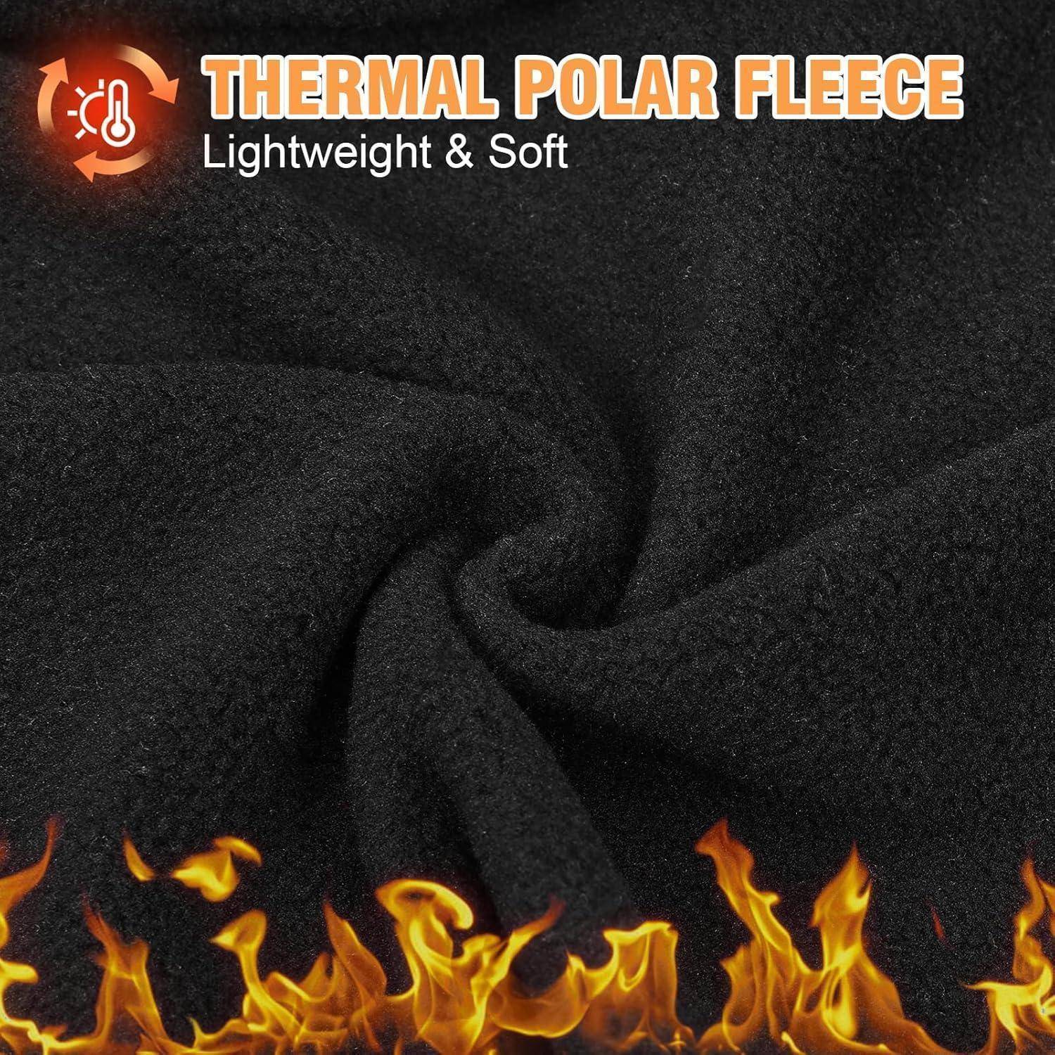 Schwarzer thermischer Polar-Fleece-Stoff mit Wirbelmuster, Flammengrafik und Text „THERMAL POLAR FLEECE" und „Lightweight & Soft"