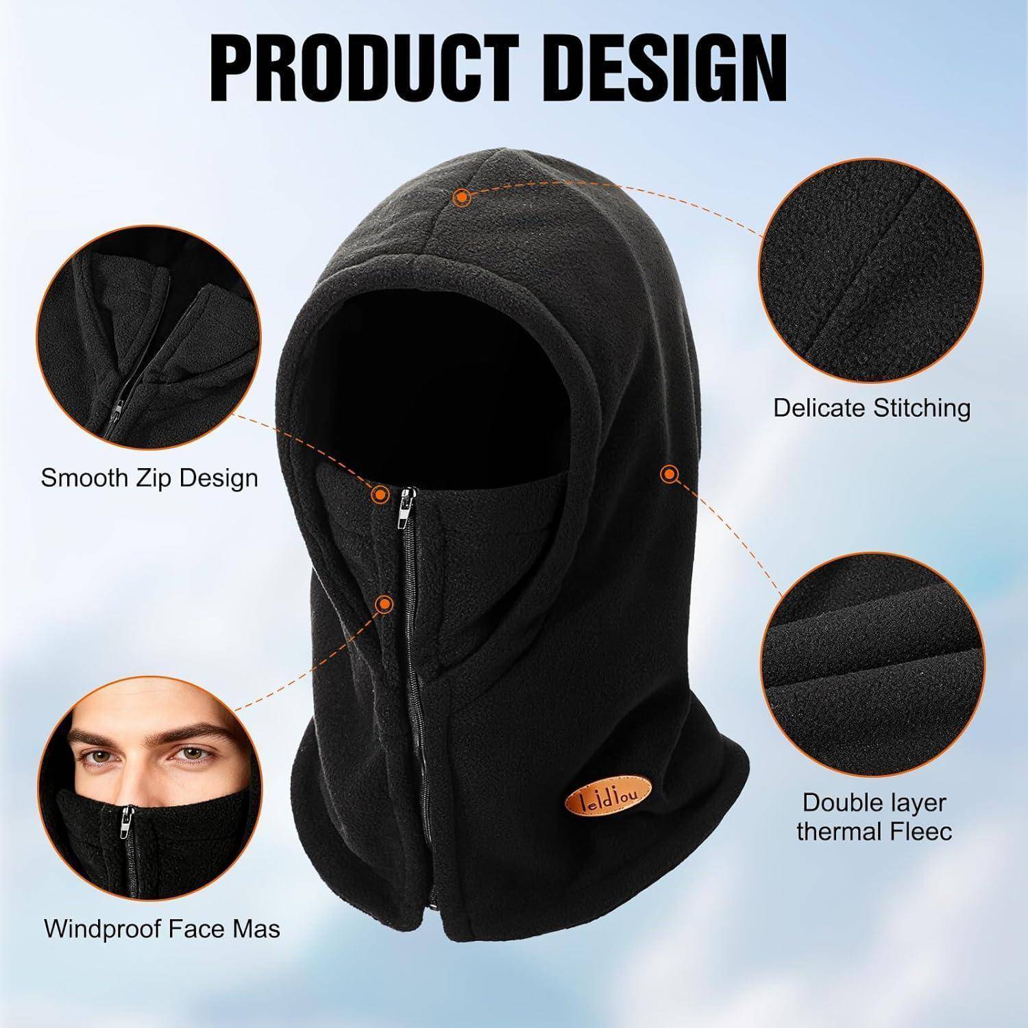 Produktgestaltung einer schwarzen Sturmhaube mit Kapuze und Reißverschluss-Verschluss, gekennzeichnet durch glattes Reißverschluss-Design, feine Steppnähte und doppellagiges Wärmefleece; gezeigt mit einem Modell, das sie trägt.