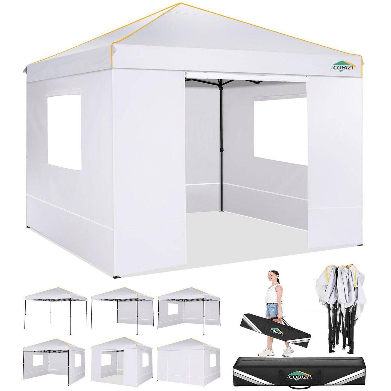 Weiß Pop-Up-Pavillon mit Seitenwänden und Fenstern, dargestellt offen und zusammengeklappt, mit Tragetasche und Rahmeteilen.