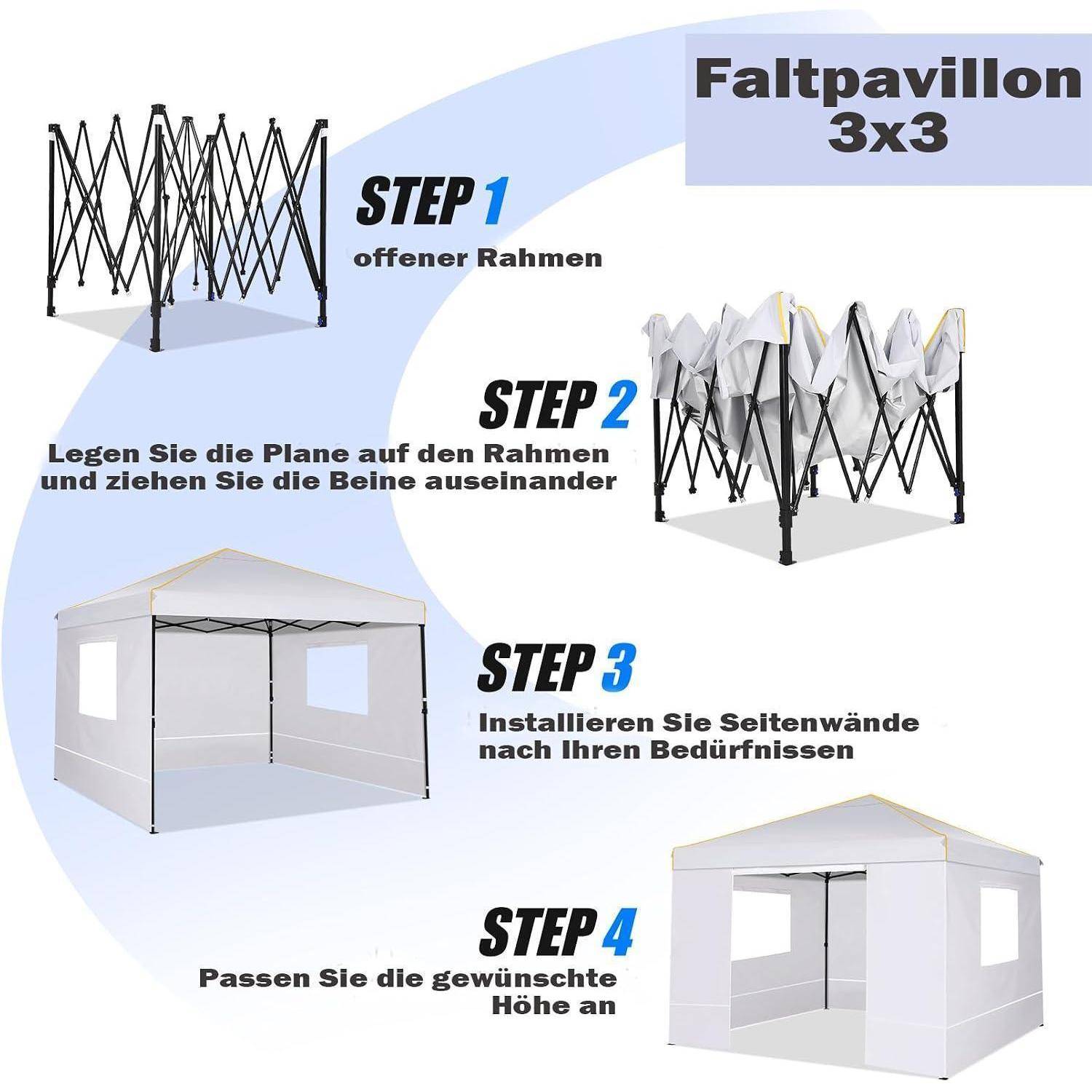 Anleitung für einen 3x3 Faltpavillon: Schritt 1 Rahmen öffnen, Schritt 2 Beine auseinander ziehen und Baldachin anbringen, Schritt 3 Seitenwände installieren, Schritt 4 gewünschte Höhe einstellen.