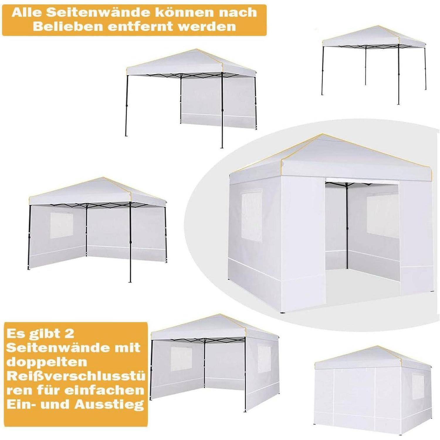 Collage eines weißen Pop-Up-Pavillon-Zelts, das mit verschiedenen abnehmbaren Seitenwand-Konfigurationen gezeigt wird; deutscher Text hebt abnehmbare Wände und doppelt durchgehende Seitenwände hervor.