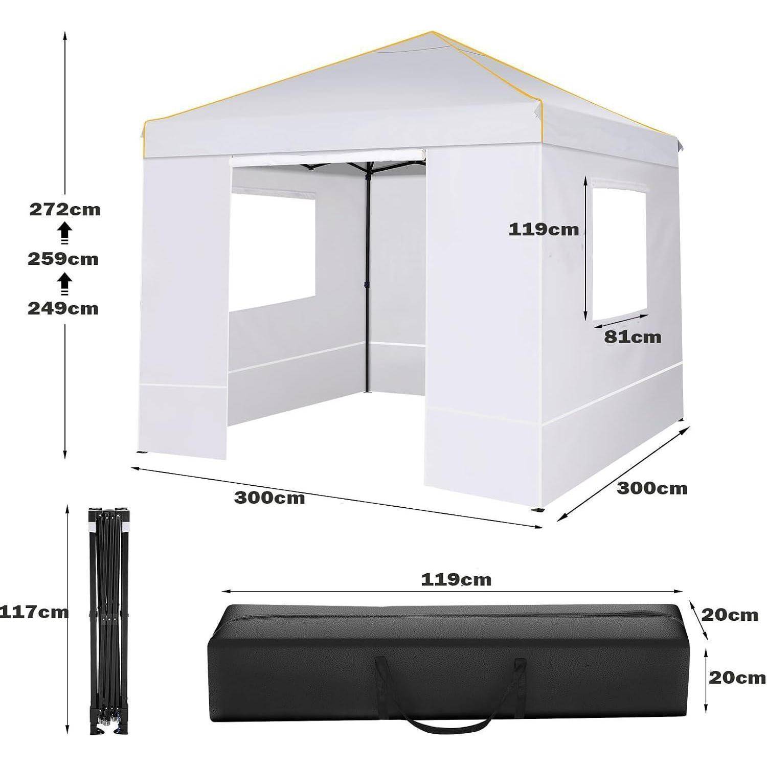 Illustration eines weißen Pop-Up-Pavillons mit angezeigten Abmessungen: 300 cm x 300 cm Grundfläche, 249-272 cm Höhe, 119 cm Seitenpanel, sowie schwarze Tragetasche und Rahmeneile.