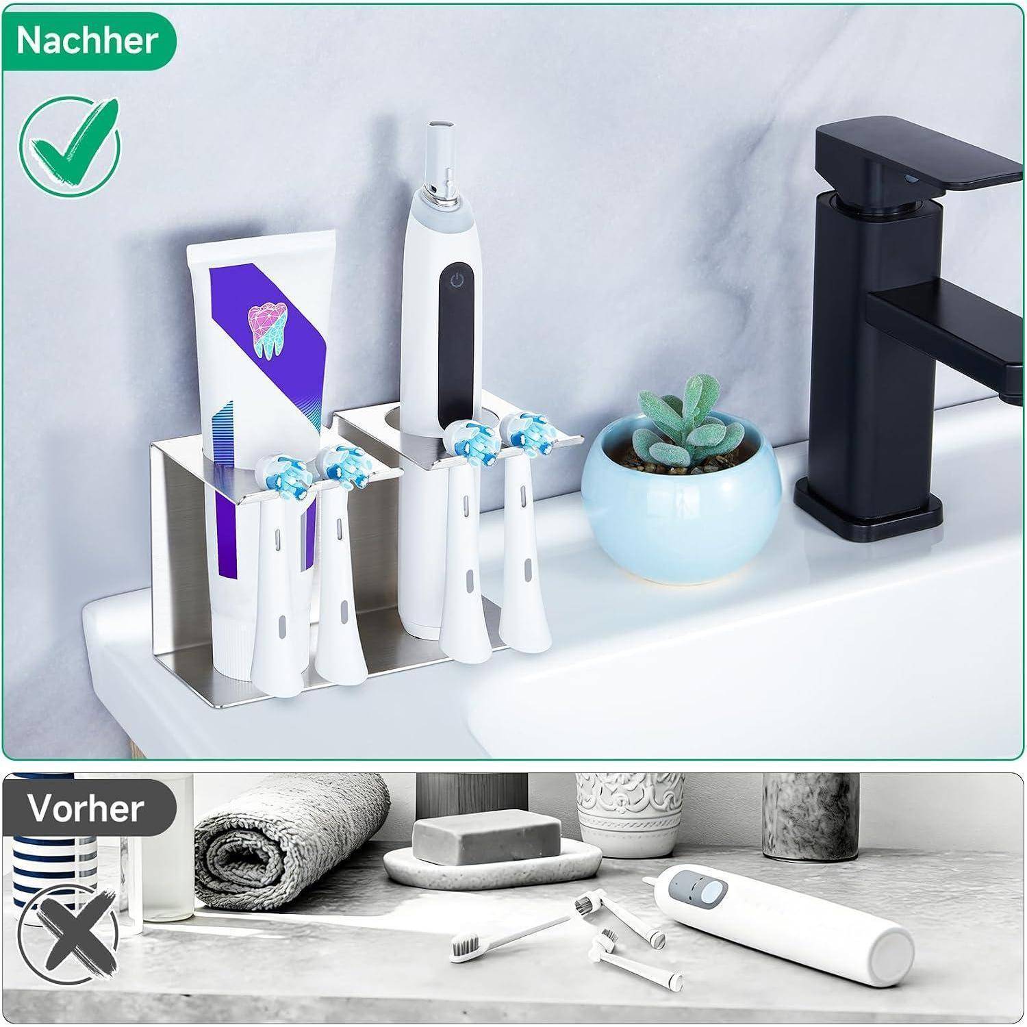 Vorher-und-Nachher-Badezimmerablage-Organizer, der ordentlich gelagerte elektrische Zahnbürsten und Zahnpasta neben einem Waschbecken zeigt, im Vergleich zu einer unordentlichen Ablage unten.