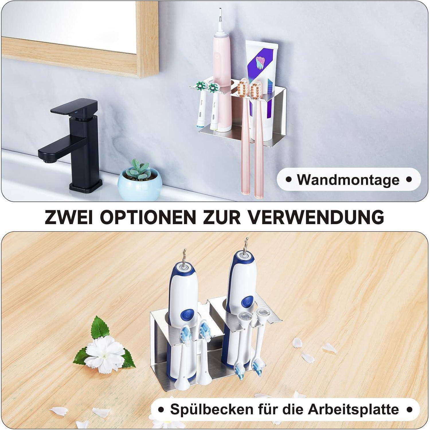 Produktbild zeigt einen Organizer aus Edelstahl, der auf zwei Arten verwendet werden kann: wandmontiert oder auf der Spülenarbeitsplatte, mit Platz für Zahnbürsten und Zahnpasta.