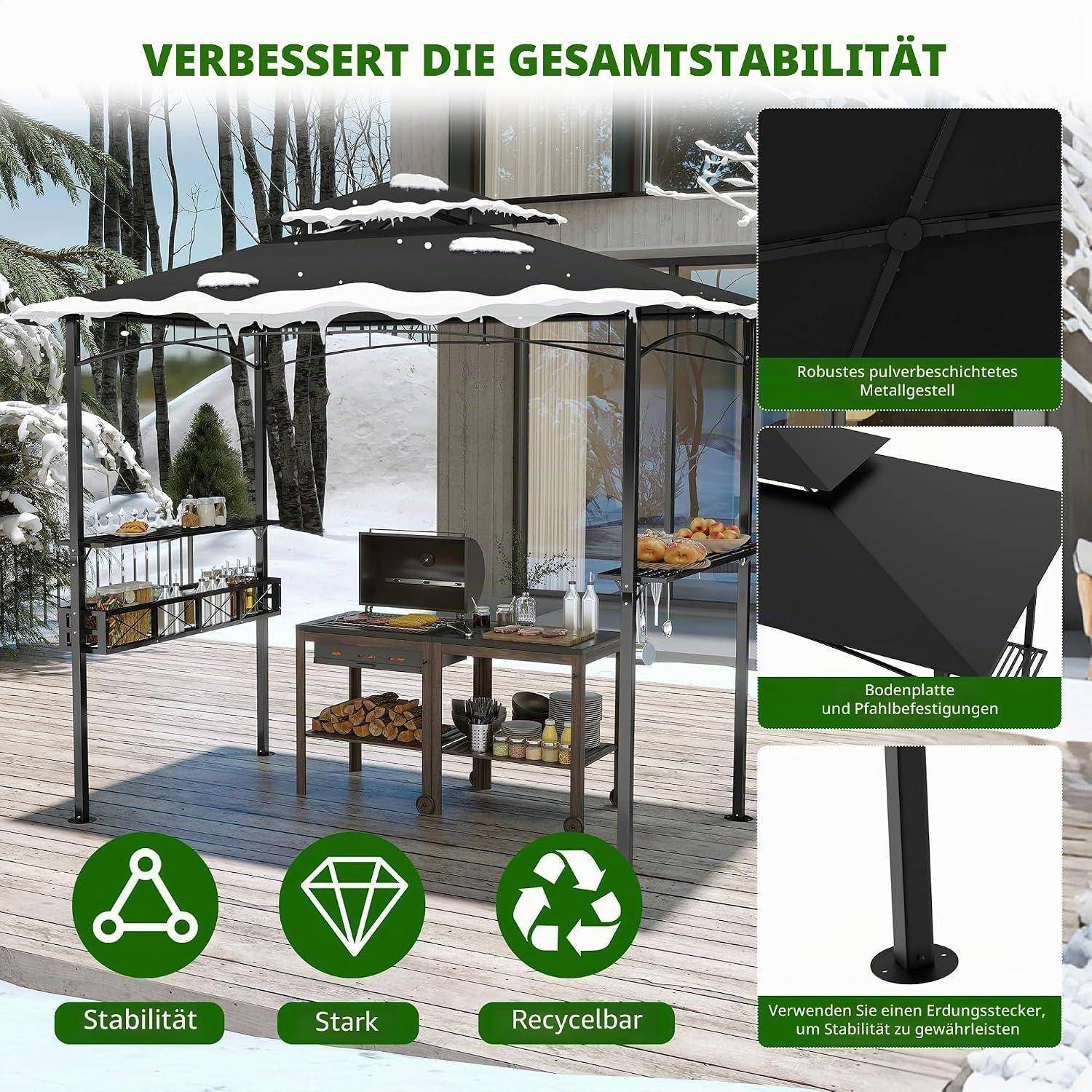 Terrassenschirm auf einer Terrasse bei Schneefall mit Beschriftungen, die einen robusten pulverbeschichteten Metallrahmen, Bodenplatte und Pfostenbefestigungen sowie einen Erdungspfahl für Stabilität zeigen.