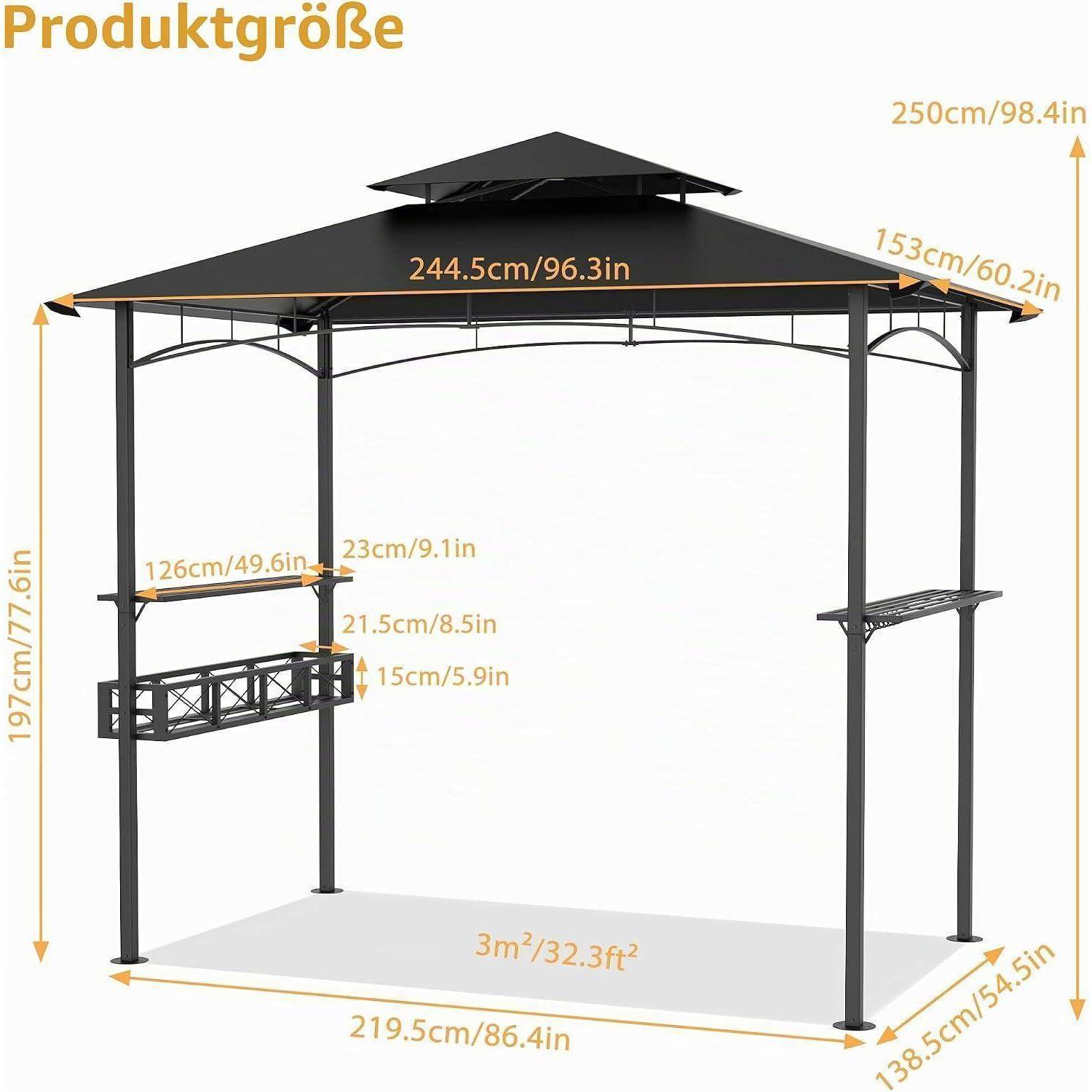 Diagramm eines schwarzen Metallpavillons mit Dach, das Produktabmessungen zeigt: 244,5 cm breit, 153 cm tief, 250 cm hoch und Seitenregalabmessungen.