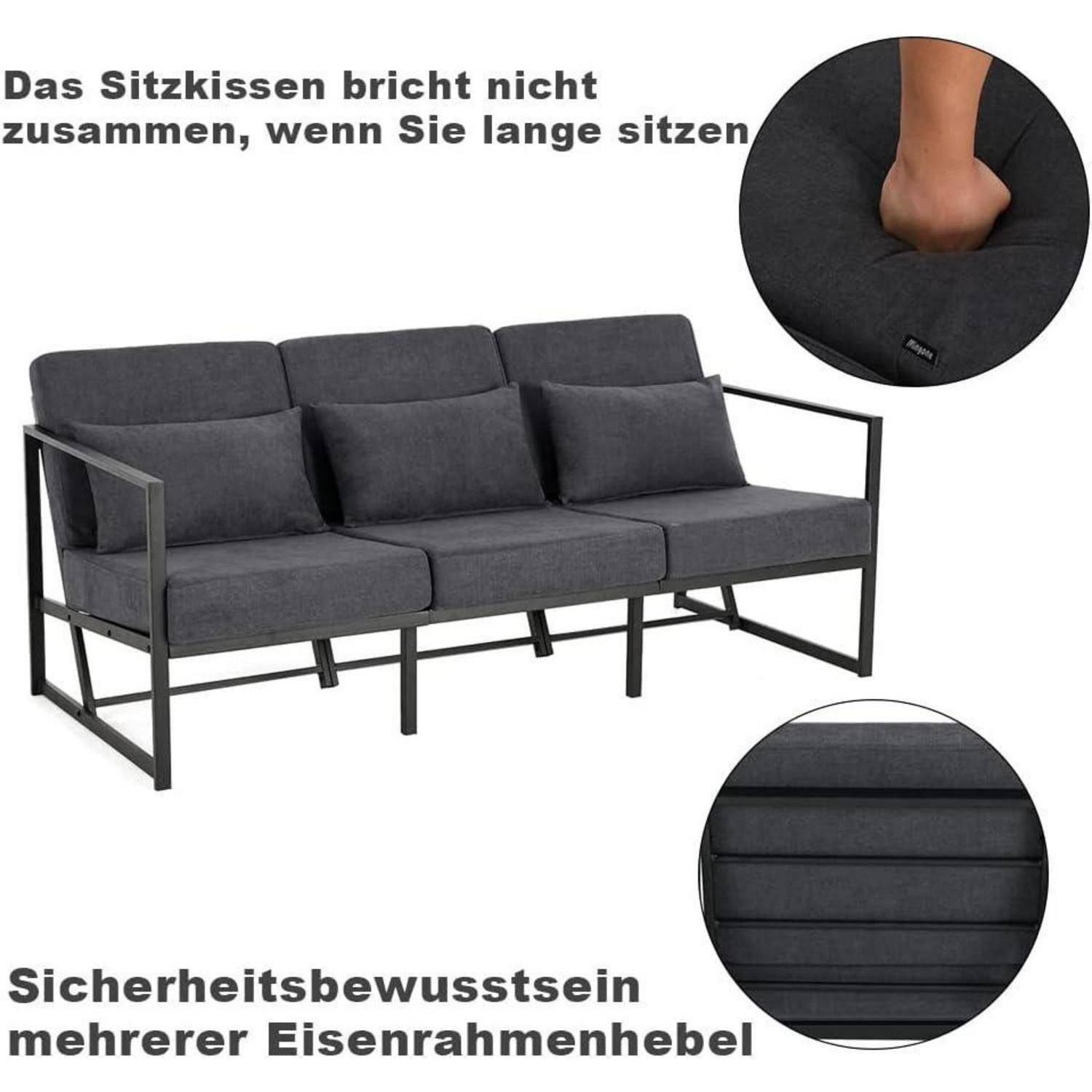 Dunkelgraues Dreisitzer-Sofa mit schwarzem Metallrahmen, gezeigt mit Nahaufnahmen, die einen gepolsterten Sitz hervorheben, der nicht zusammenbricht, und verstärkte Stahlrahmenunterstützung.
