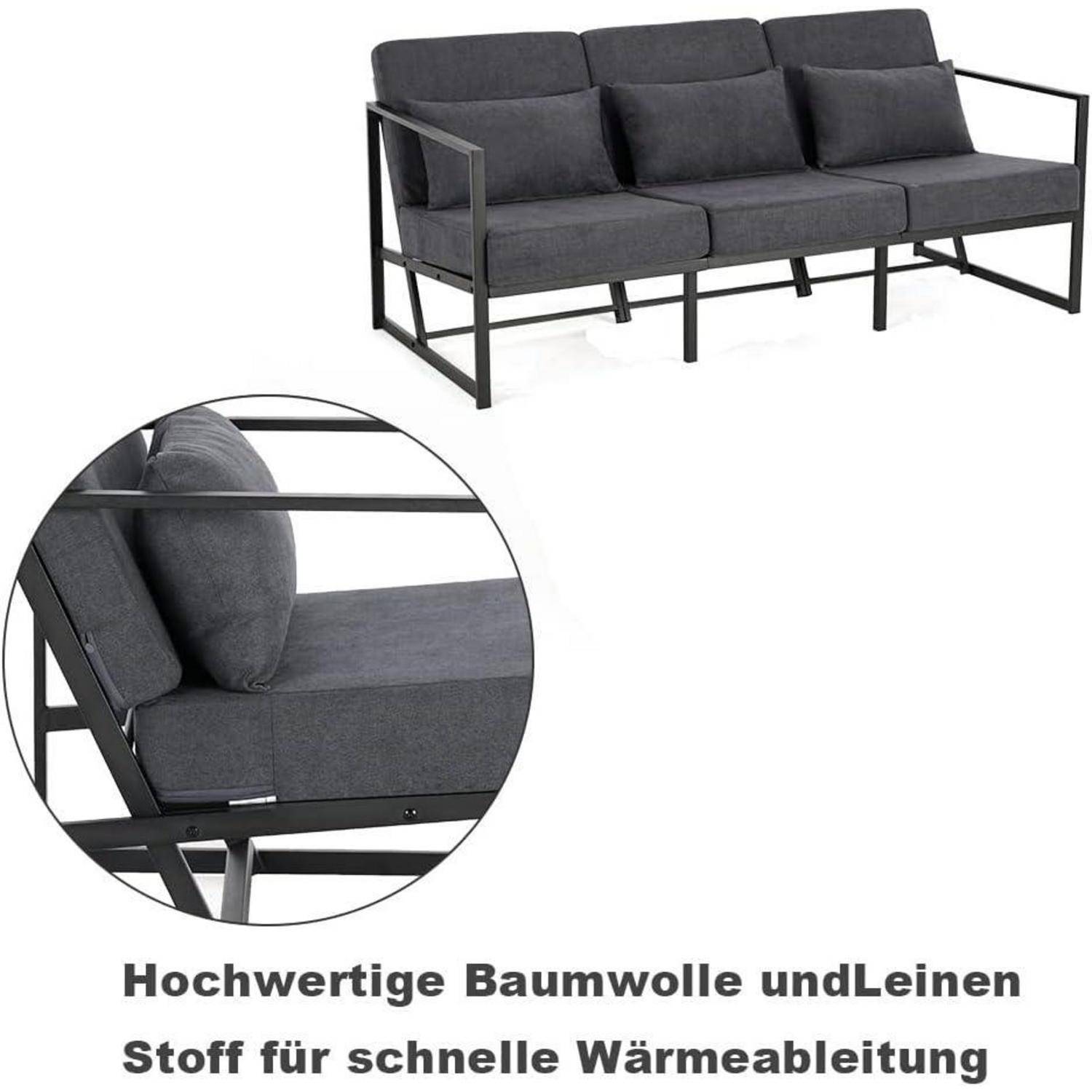 Graues dreisilziges Außensofa mit schwarzem Metallrahmen, gezeigt mit einer Nahaufnahme des Stoffes; deutscher Text besagt hochwertige Baumwoll- und Leinenstoffe für schnelle Wärmeableitung.