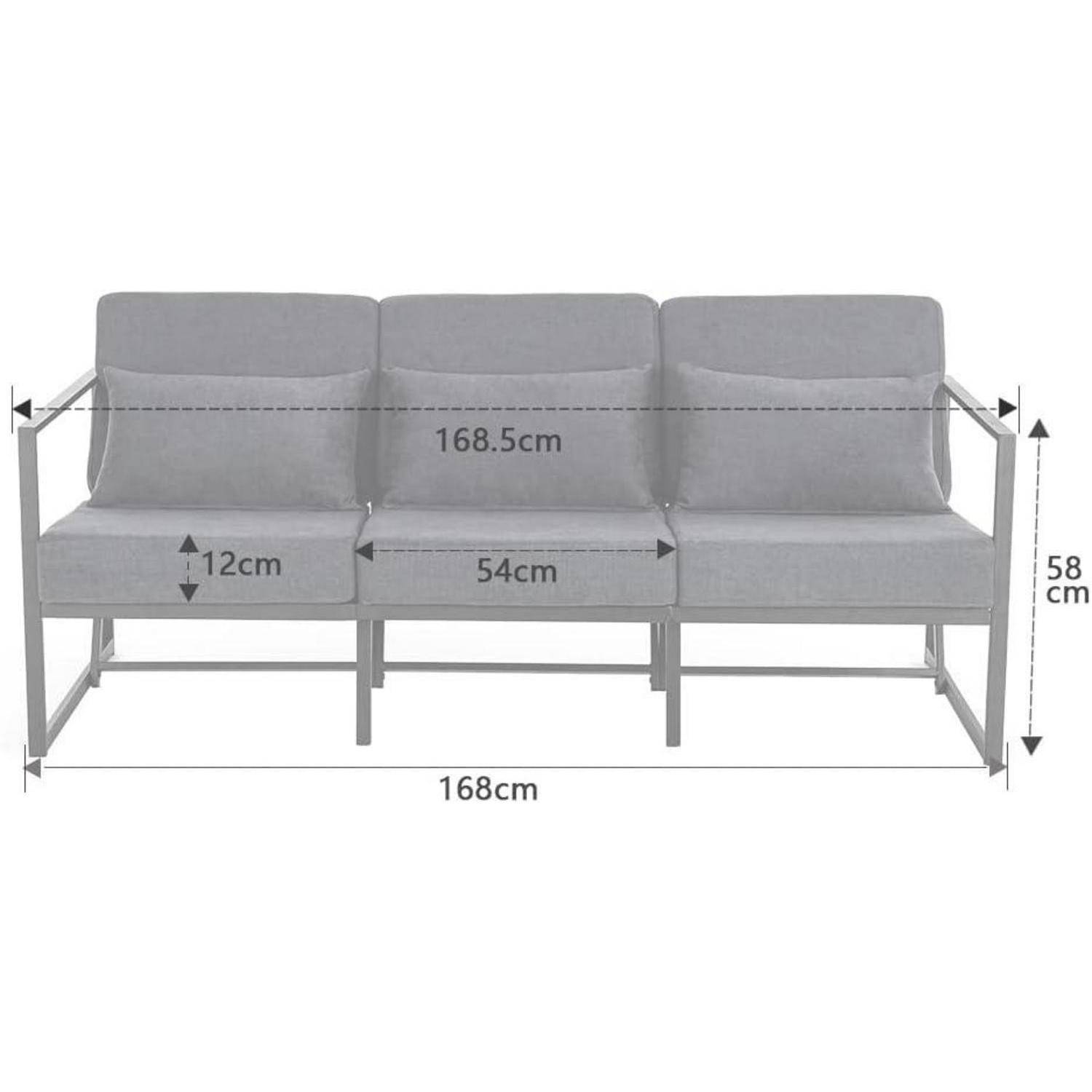Dreiertiges graues Sofa mit Metallrahmen, gezeigt mit Abmessungen: 168 cm Breite, 58 cm Höhe, 168,5 cm Sitzflächenbreite, 54 cm Sitzbereich, 12 cm Sitztiefe.