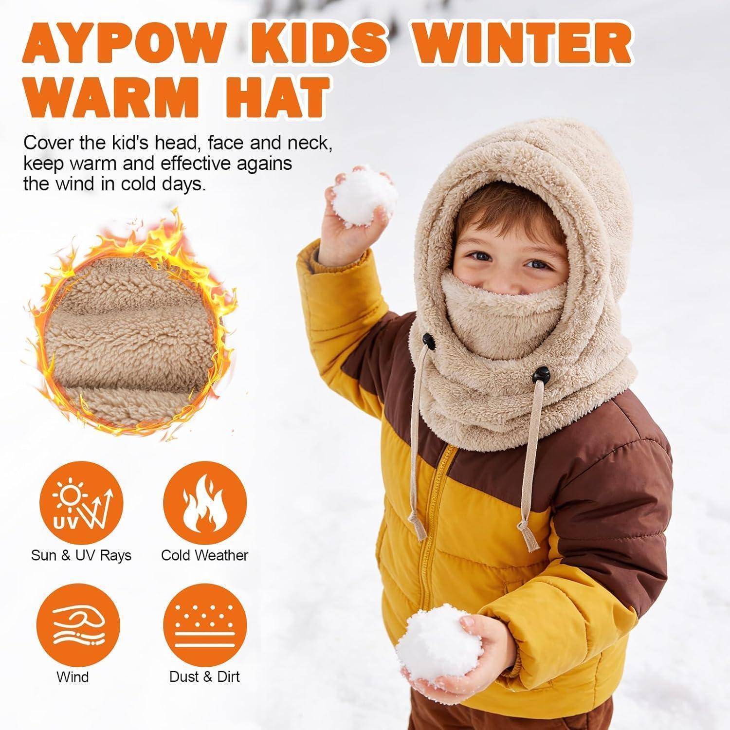 Werbebild eines Kindes, das eine AYPow Kids Winterwärmemütze und Gesichtsbedeckung trägt, gezeigt mit Schnee und Symbolen für Sonne, kaltes Wetter, Wind und Staub.