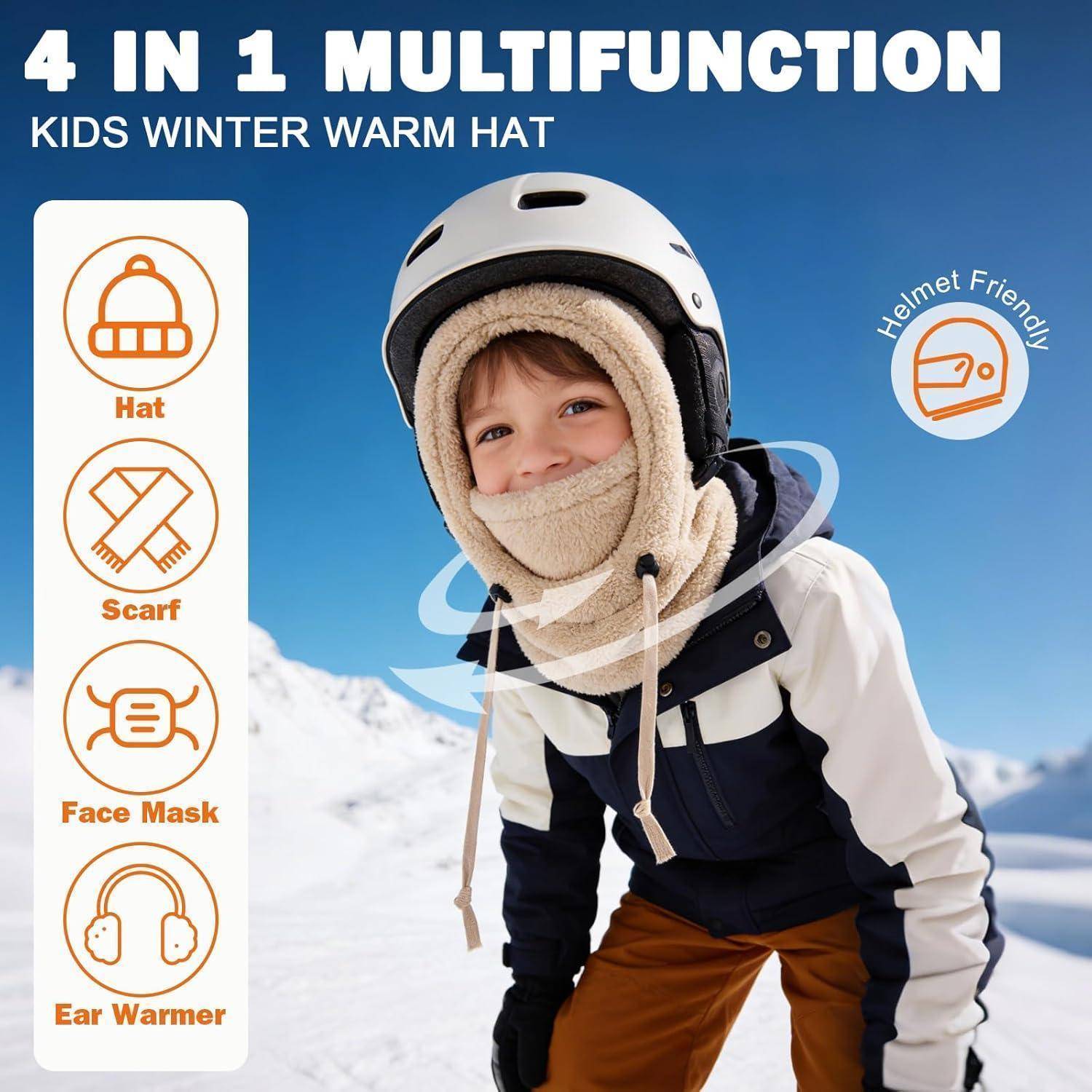 Werbebild eines Kindes in verschneiten Bergen, das eine 4-in-1-Winterwärmmütze trägt; der Text besagt, dass sie als Mütze, Schal, Gesichtsmaske und Ohrenw armer funktioniert und helmfreundlich ist.