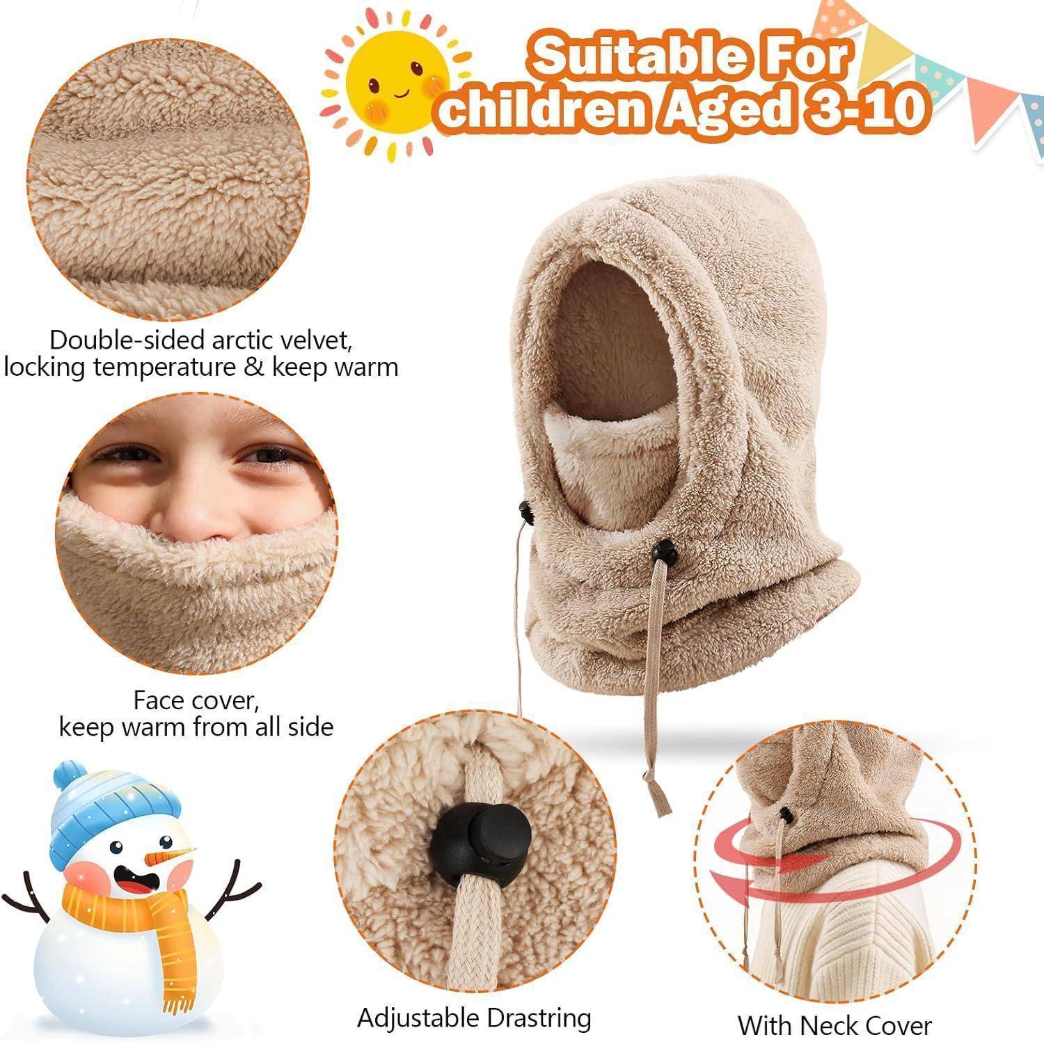 Produktbild einer beigen Fleece-Kindermütze mit Gesichts- und Nackenschutz, gekennzeichnet als geeignet für Kinder im Alter von 3-10 Jahren, zeigt Wärmefunktion, verstellbaren Kordelzug und doppelseitiges arktisches Samt.