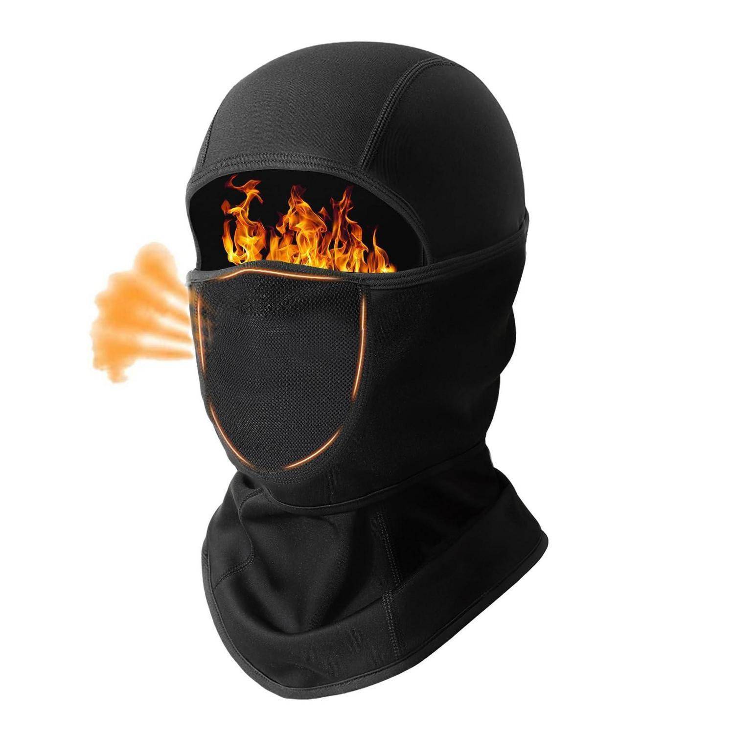 Schwarze, feuerbeständige Sturmhaube mit Kopf- und Nackenschutz, mit orange Flammen- und Luftstromdarstellung, die Atemventilation zeigt.