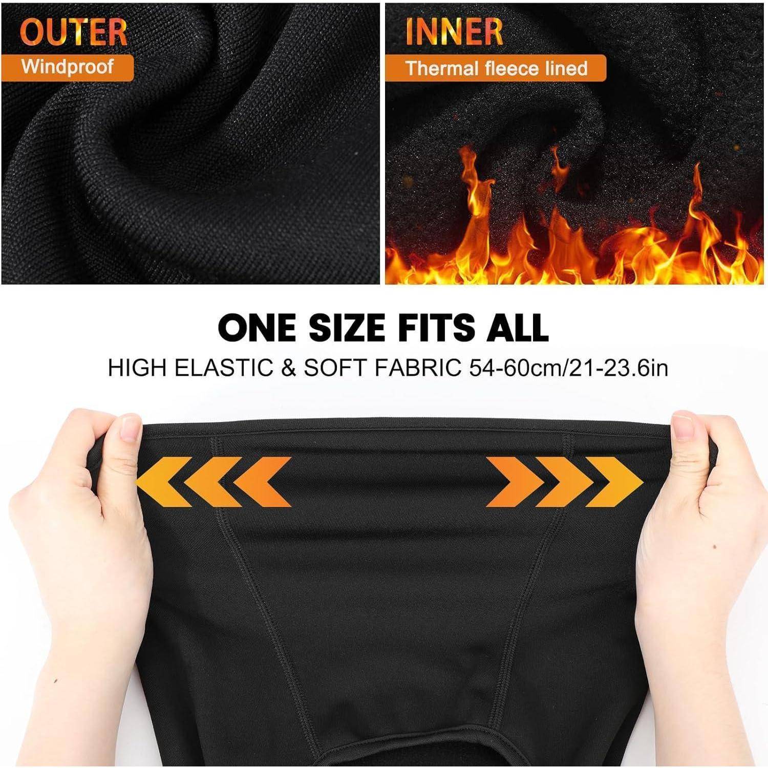 Produktgrafik mit windgeschützter Außenseite, wärmeisolierendem Fleece-Innenfutter und universeller Größe aus elastischem Stoff 54–60 cm mit Händen, die schwarzes Material dehnen.