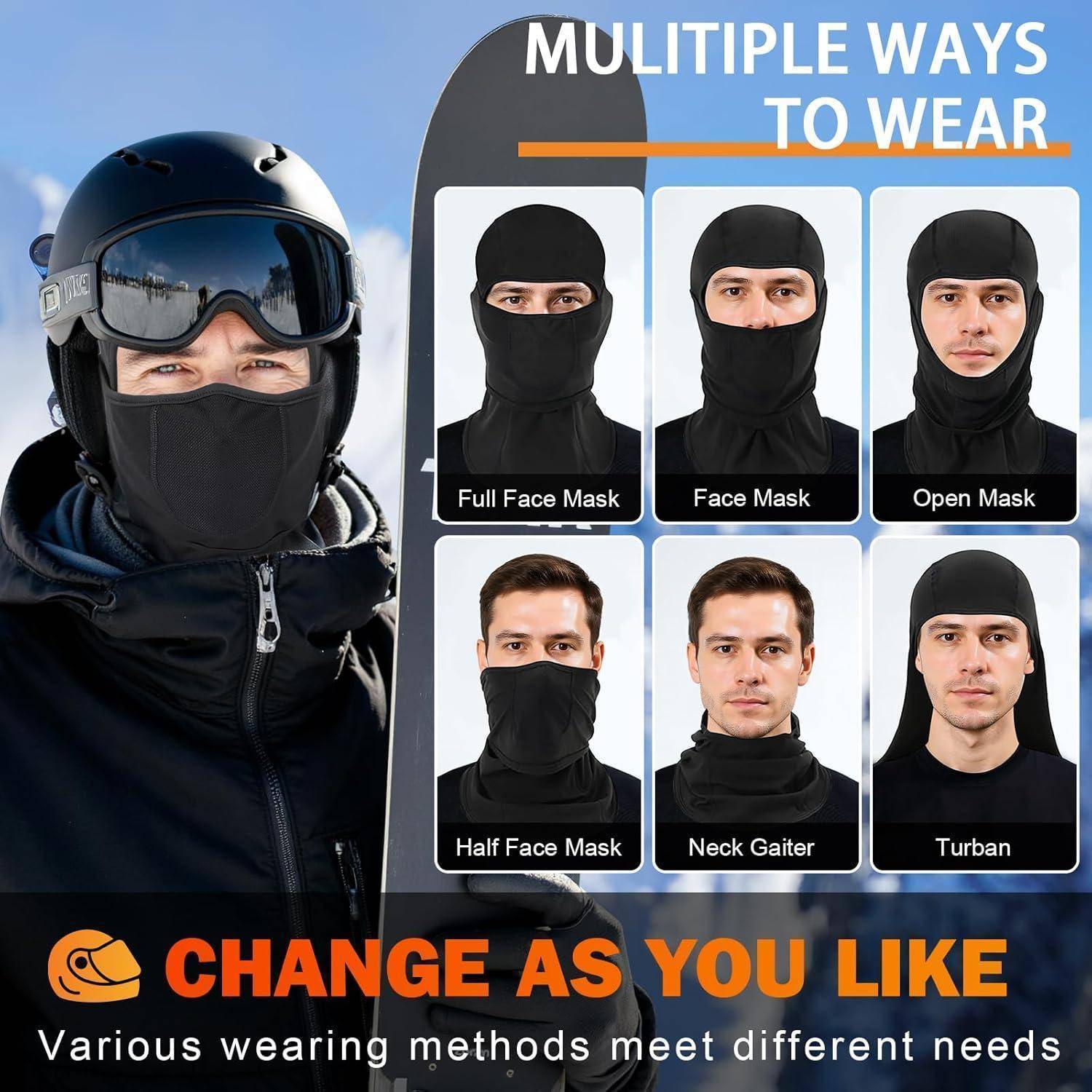 Infografik zeigt eine schwarze Sturmhaube, die auf sechs Arten getragen wird: Vollgesichtsmaske, Gesichtsmaske, offene Maske, halbe Gesichtsmaske, Halstuch und Turban.
