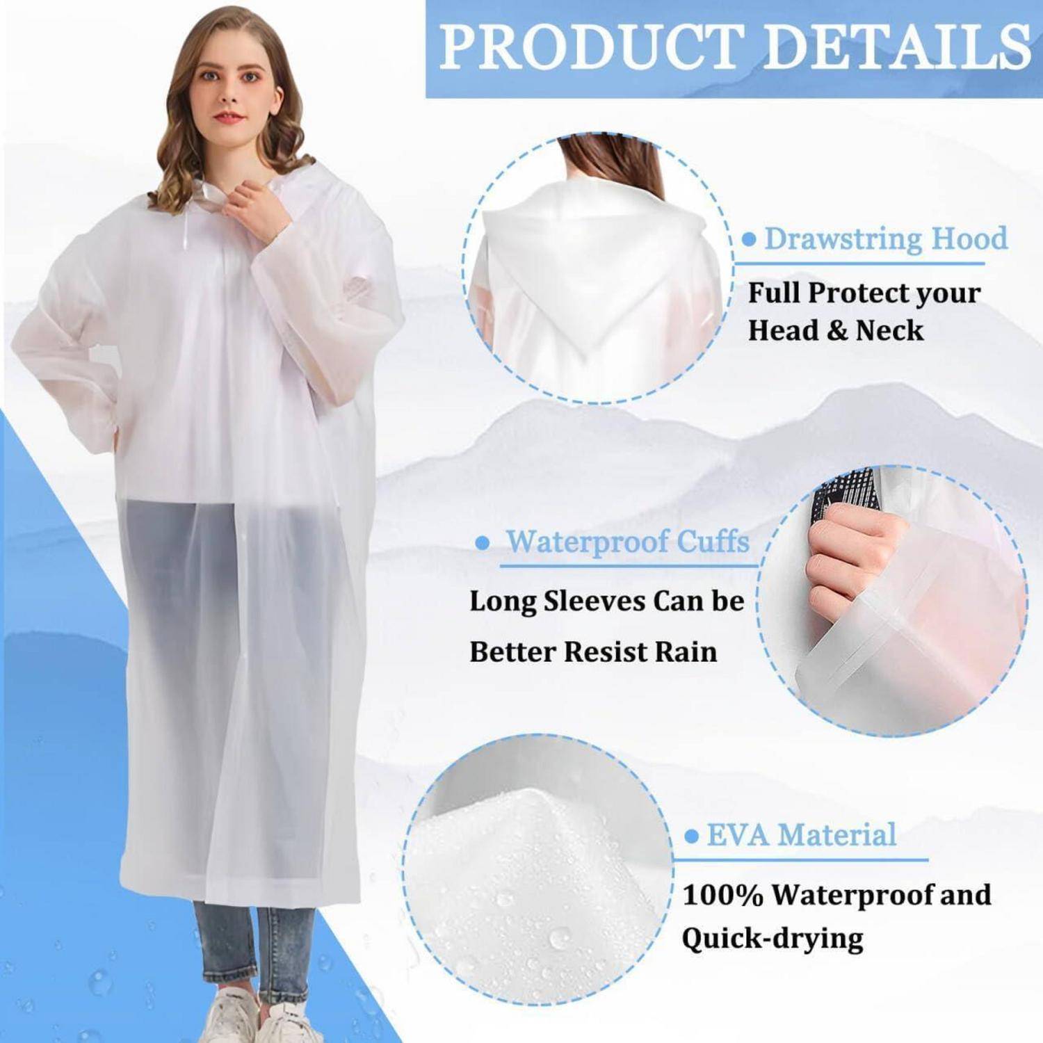 Produktdetails für einen durchsichtigen Regenponcho: Kapuze mit Kordelzug für Kopf- und Halsschutz, wasserdichte Manschetten und EVA-Material, das 100% wasserdicht und schnelltrocknend ist.