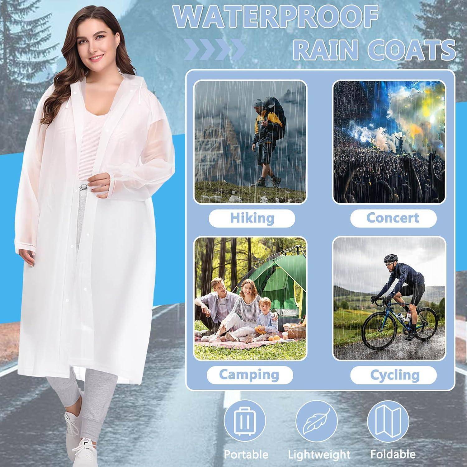 Werbebild einer Frau, die einen durchsichtigen wasserdichten Regenmantel trägt, mit dem Text „WASSERDICHTE REGENMÄNTEL