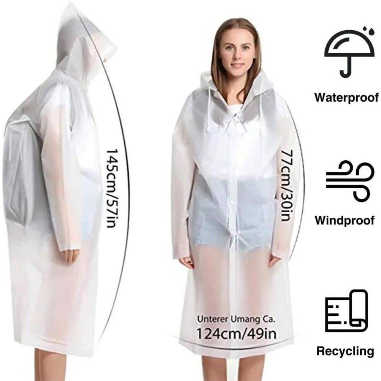 Produktbild eines transparenten Regenponchos mit Kapuze, getragen von einer Frau, mit den Abmessungen 145 cm, 77 cm und 124 cm, sowie Symbolen für wasserdicht, winddicht und Recycling.