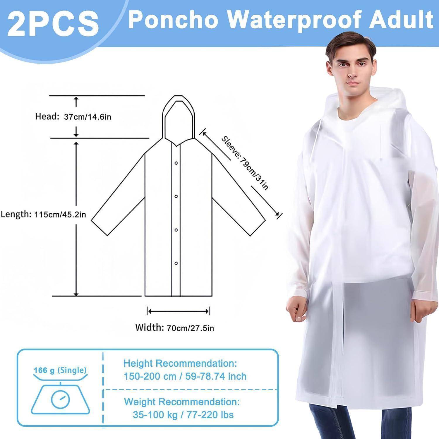 Produktbild eines durchsichtigen, wasserdichten Regenponchos für Erwachsene mit Kapuze, präsentiert auf einem männlichen Modell; enthält Abmessungen, Gewichtsempfehlungen und ein 2er-Set-Etikett.