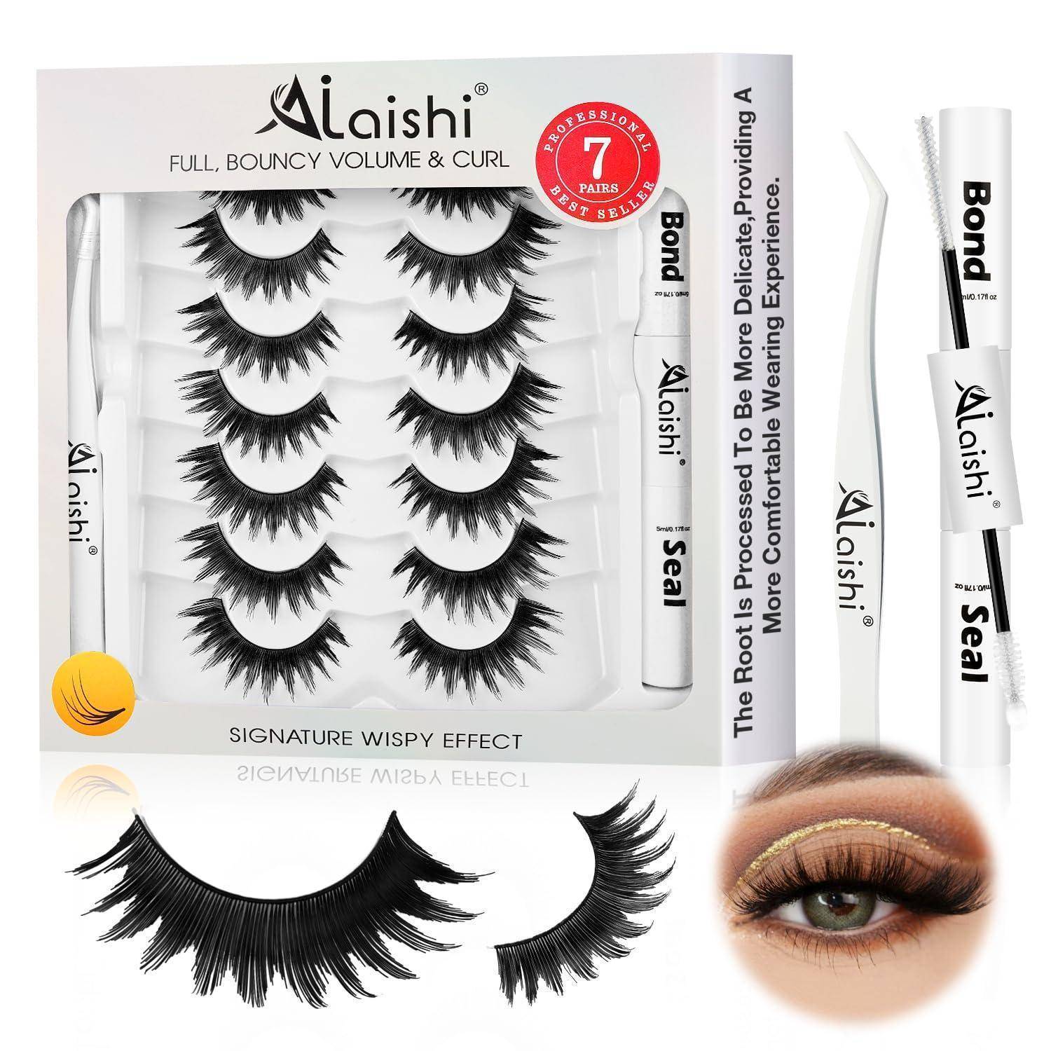 Alaishi Wimpernset mit 7 Paaren, Wimpernkleber und Versiegelungstuben, Applikator und Nahaufnahme des Auges mit dem zarten Wimpernstil.