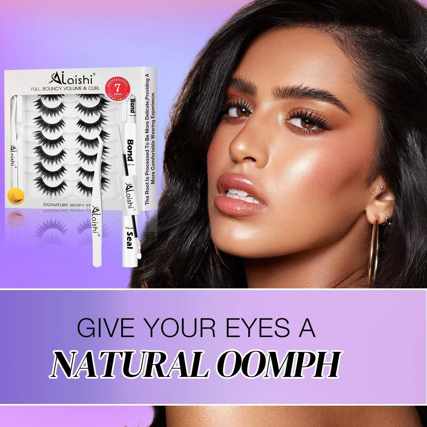 Werbung für Aiciish-Wimpernverlängerungen mit Wimpernpalette und Model mit dramatischen Wimpern; Text sagt 
