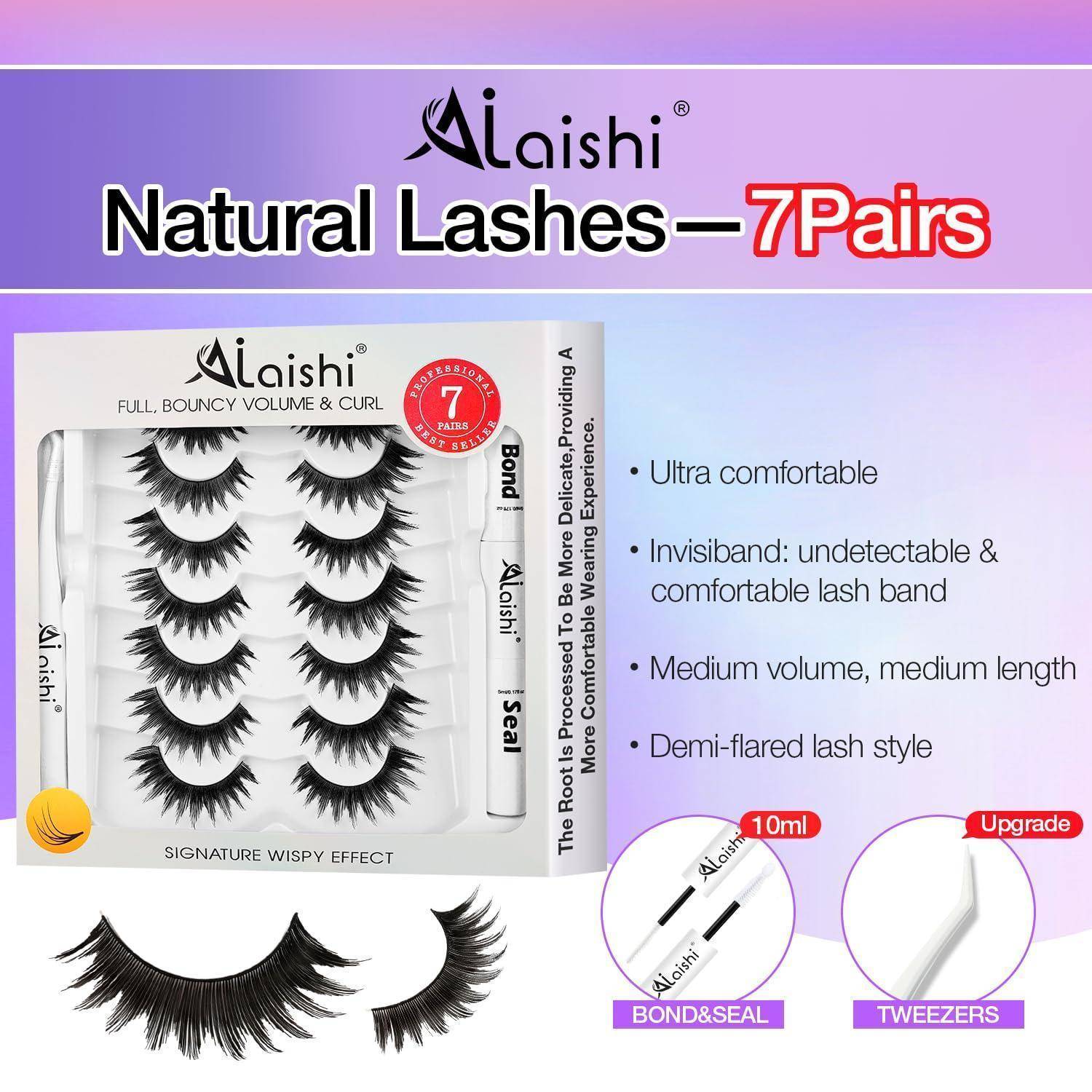 Alaishi Natural Lashes 7er Pack Produktanzeige mit künstlichem Wimpernset mit aufgelisteten Eigenschaften wie ultra bequem, unsichtbares Wimpernband, mittleres Volumen und Länge sowie Demi-Flared-Stil.