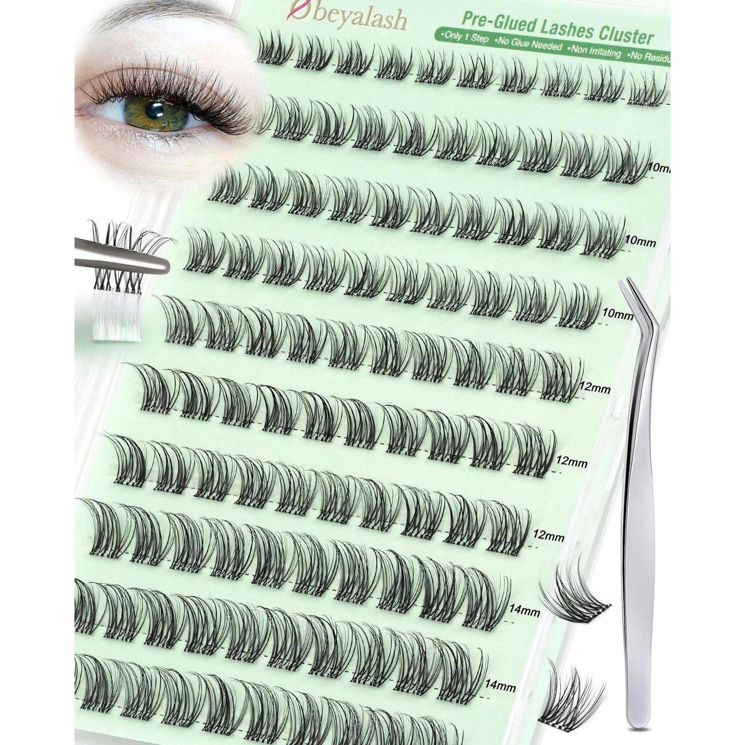 Paket mit vorleimten Wimpernbündeln mit Pinzette und nahaufnahmebeispiel des auges, beschriftet mit wimpernlängen von 8mm bis 14mm.