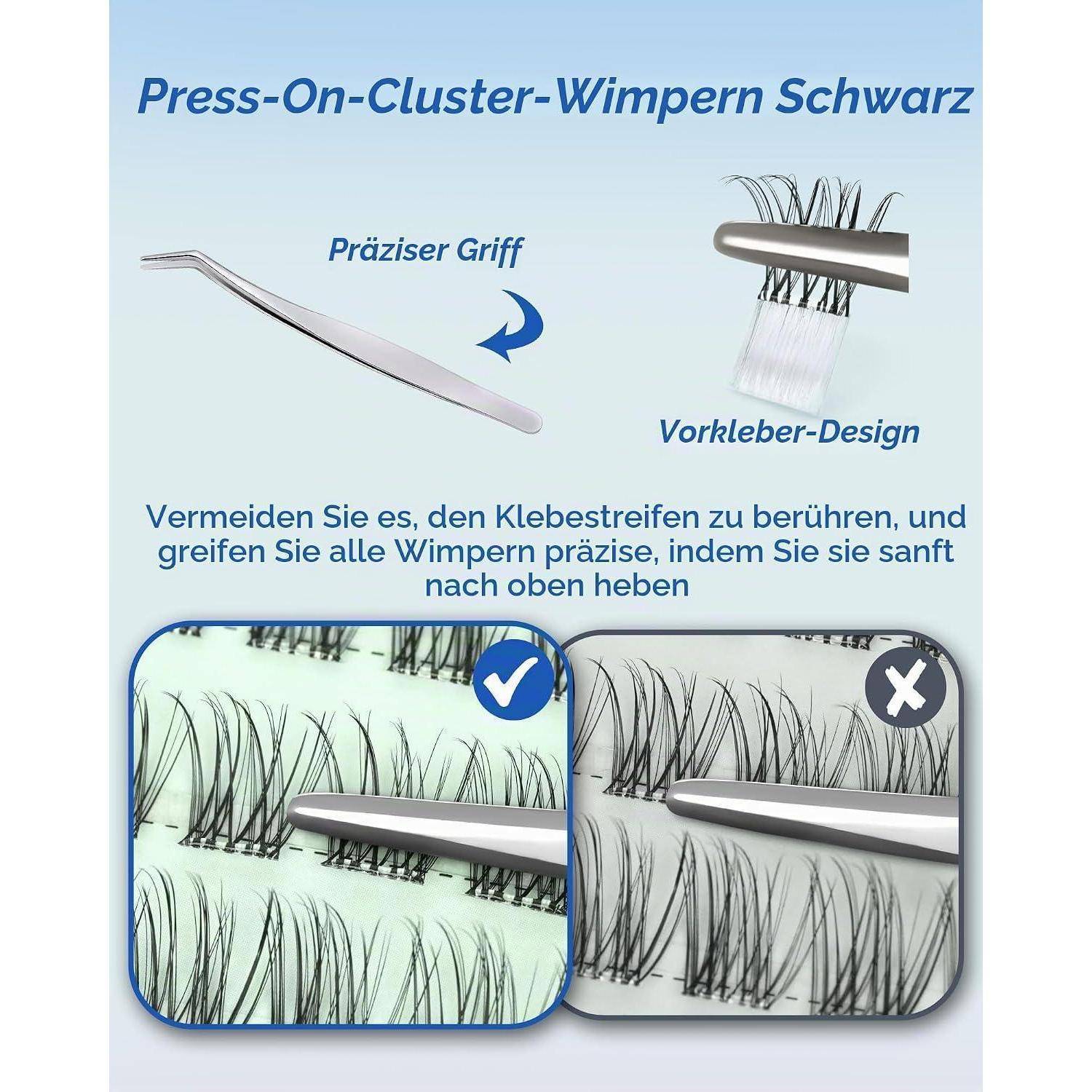 Anleitungsgrafik für 'Press-On-Cluster-Wimpern Schwarz' mit Präzisionspinzette, vorgeklebten Wimpern und korrekter vs. falscher Handhabung, um zu vermeiden, dass der Klebstoffstreifen berührt wird.