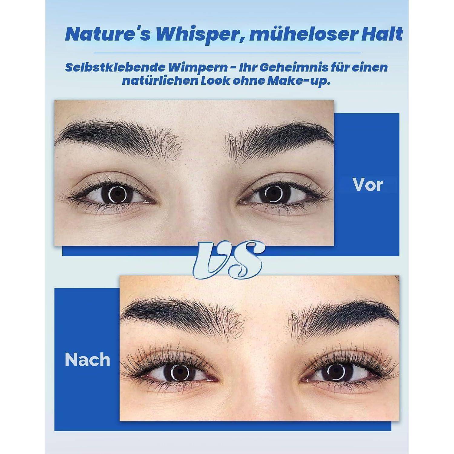 Anzeige für selbstklebende Wimpern mit Vorher- und Nachher-Aufnahmen vergrößerter Augen: natürliche Wimpern versus längere, vollere Wimpern.