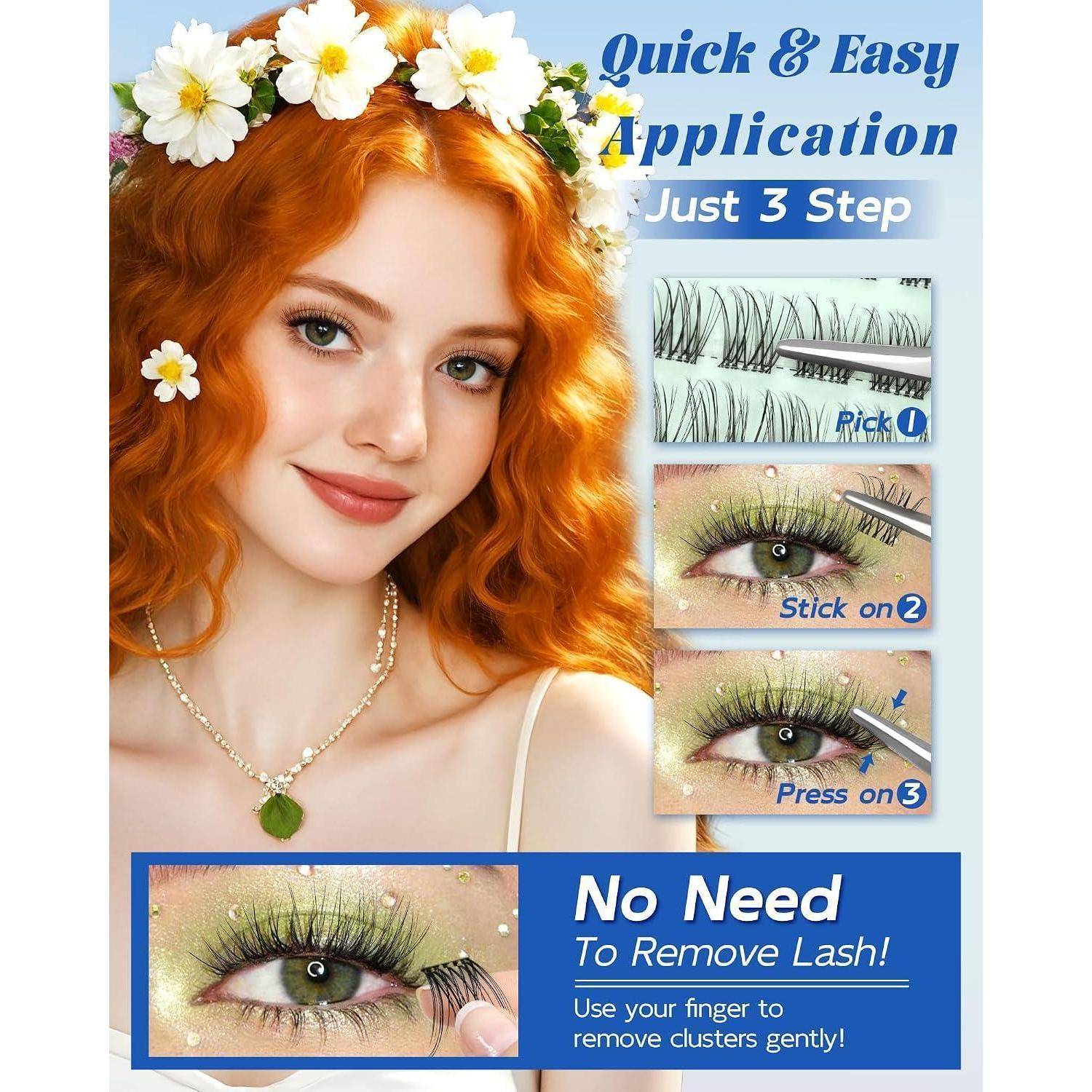 Anzeige mit einer rothaarigen Frau mit Blumenkopfband und einer 3-Schritt-Wimpernanleitungs-Anleitung: auswählen, aufkleben, andrücken; der Text besagt „Keine Notwendigkeit, die Wimpern zu entfernen!