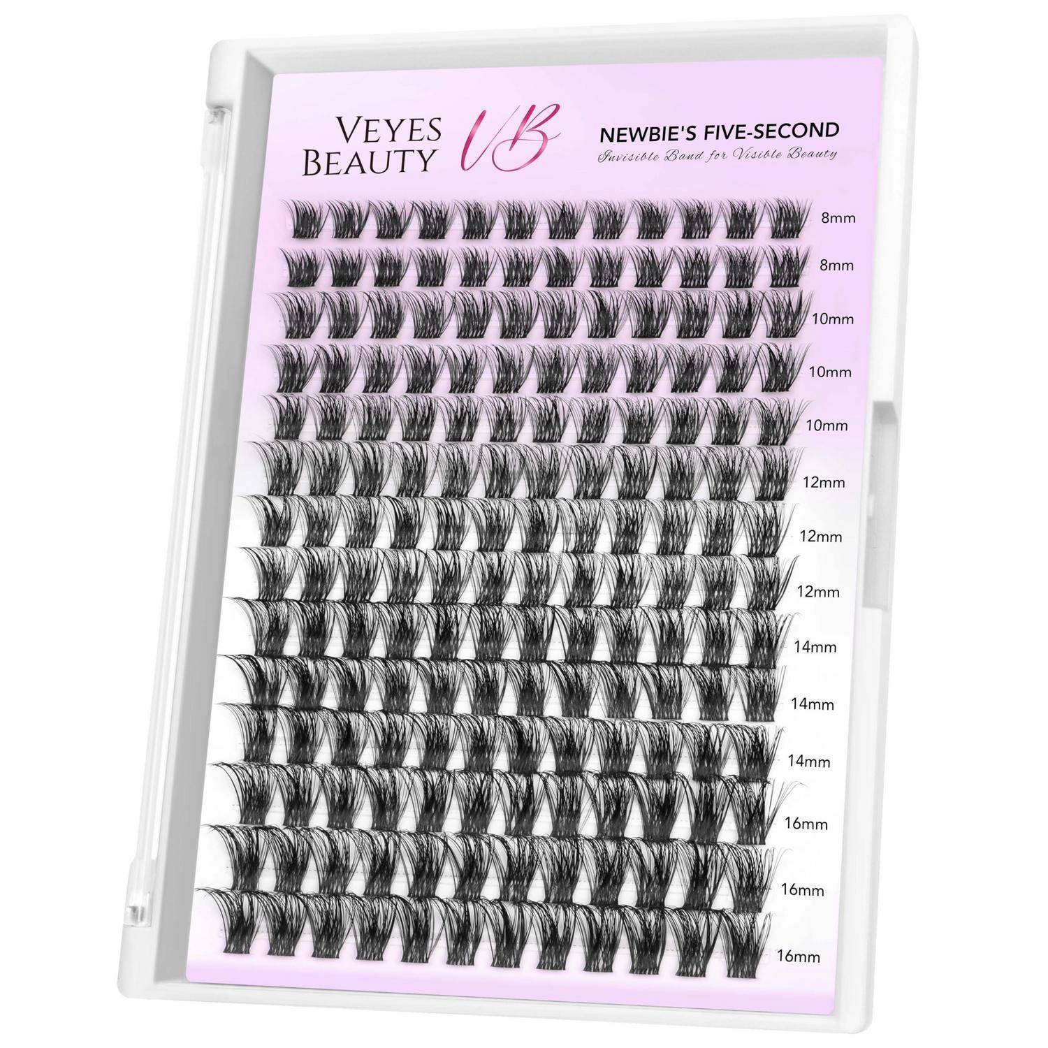 Veyes Beauty Wimpernverlängerungs-Muster-Palette, auf der mehrere Kunstwimpern-Stile nach Länge von 8 mm bis 16 mm angeordnet sind.