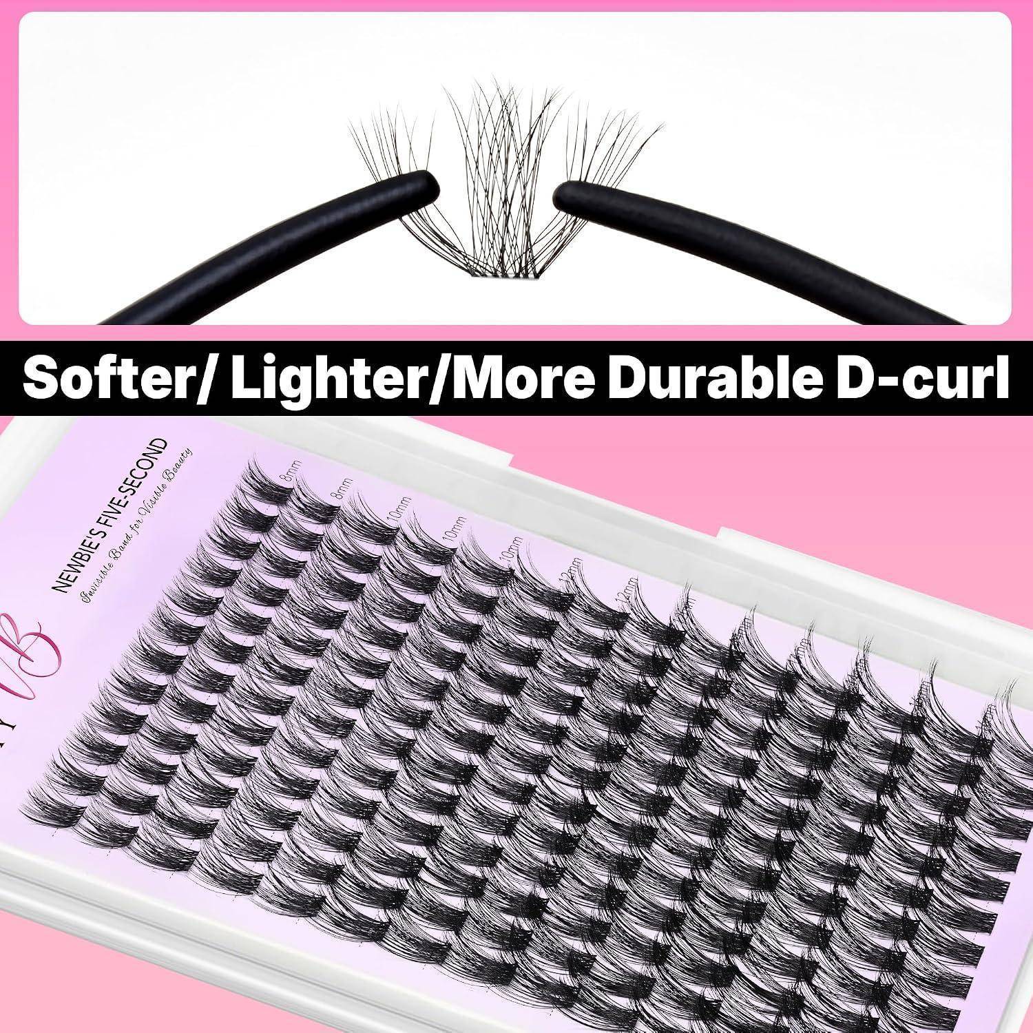 Vergleich von Wimpernverlängerungen: oben zeigt sich eine weichere, leichtere und haltbarere D-Curl-Wimpernform; unten zeigt ein Tablett mit dicken künstlichen Wimpern auf rosa Hintergrund.