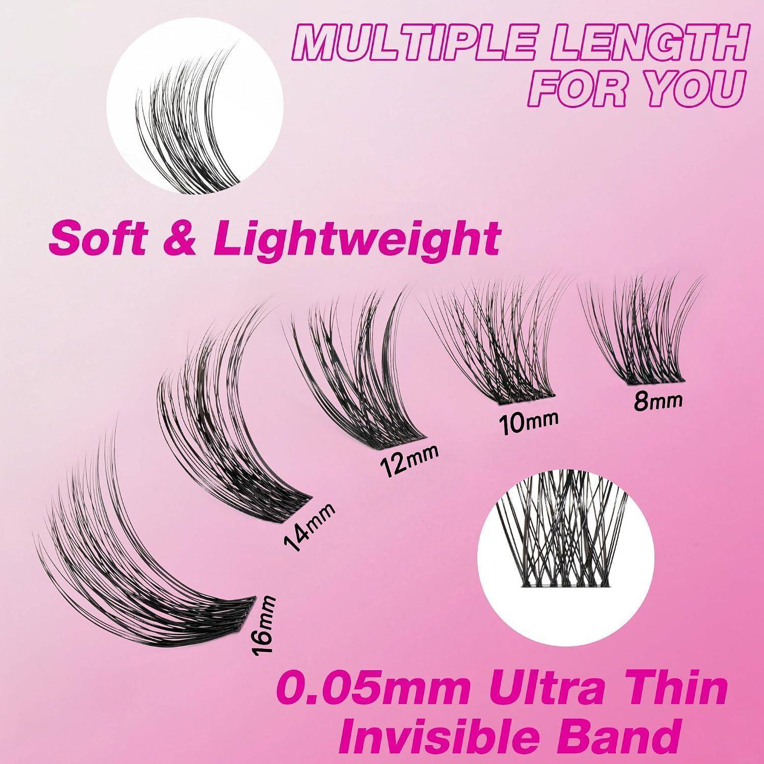 Rosa Anzeige mit falschen Wimpern in mehreren Längen, beschriftet mit 8mm, 10mm, 12mm, 14mm, 16mm, mit dem Text „Weich und leicht