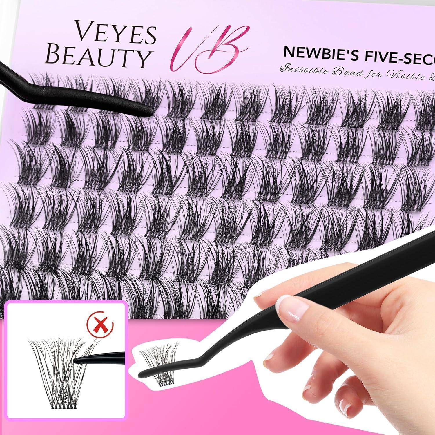 Werbebild von Veyes Beauty künstlichen Wimpern mit Pinzette, die ein Wimpernbündel appliziert, mit der Beschriftung „Anfängers fünf-Sekunden unsichtbares Band für sichtbar...