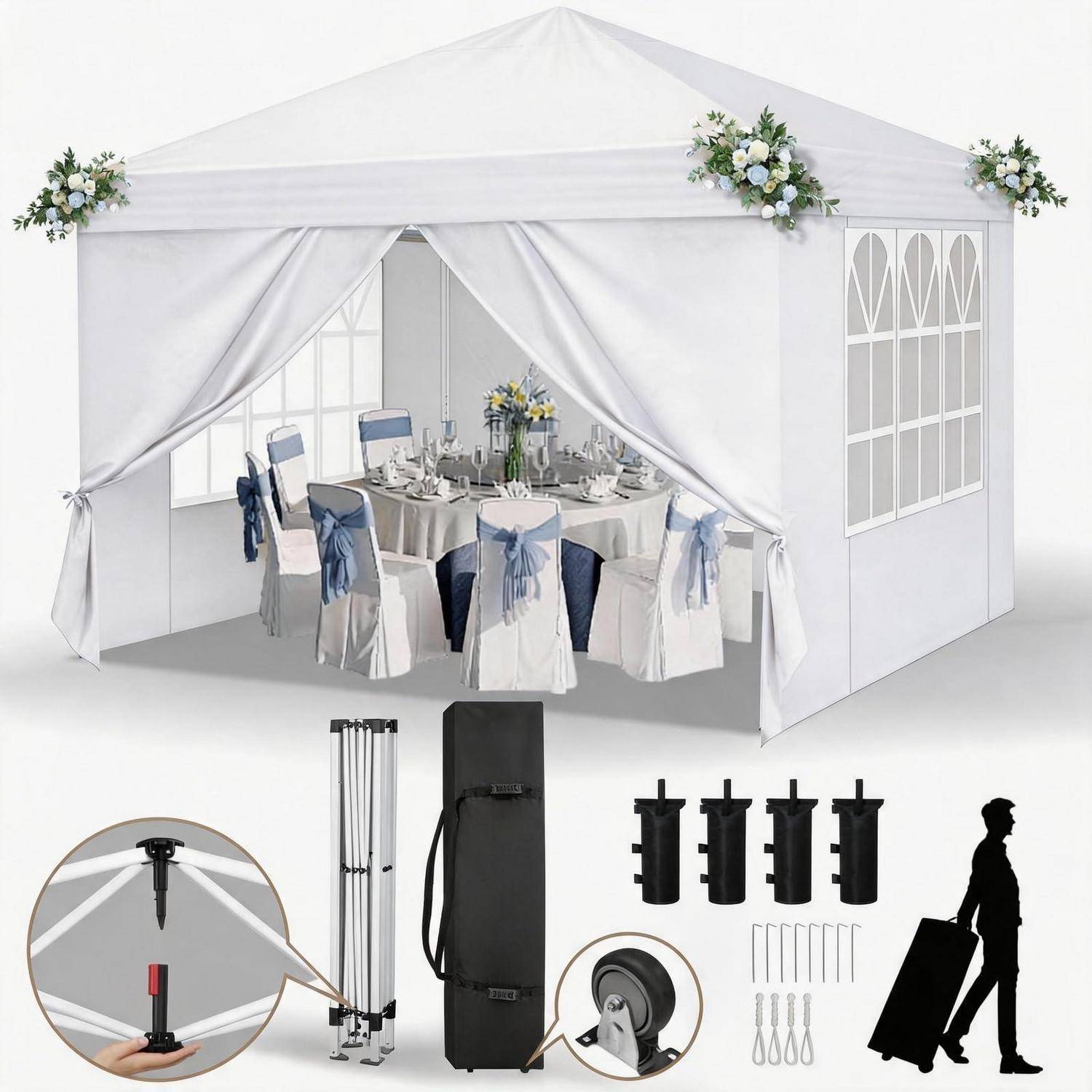 Weiße Outdoor-Event-Gartenlaube oder Zelt mit offener Front, eingerichtet als dekorierter Essbereich mit rundem Tisch und Stühlen; Zubehör für die Einrichtung siehe unten.