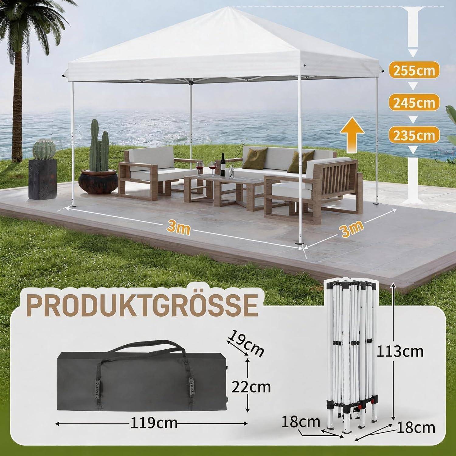 Weißes Outdoor-Gartenzelt mit Baldachin auf einer Terrasse gezeigt mit Abmessungen 3 m x 3 m und Höhenoptionen 235 cm, 245 cm, 255 cm; Produktgröße auch angezeigt als 119 cm Tasche und 113 cm eingeklappter Rahmen.