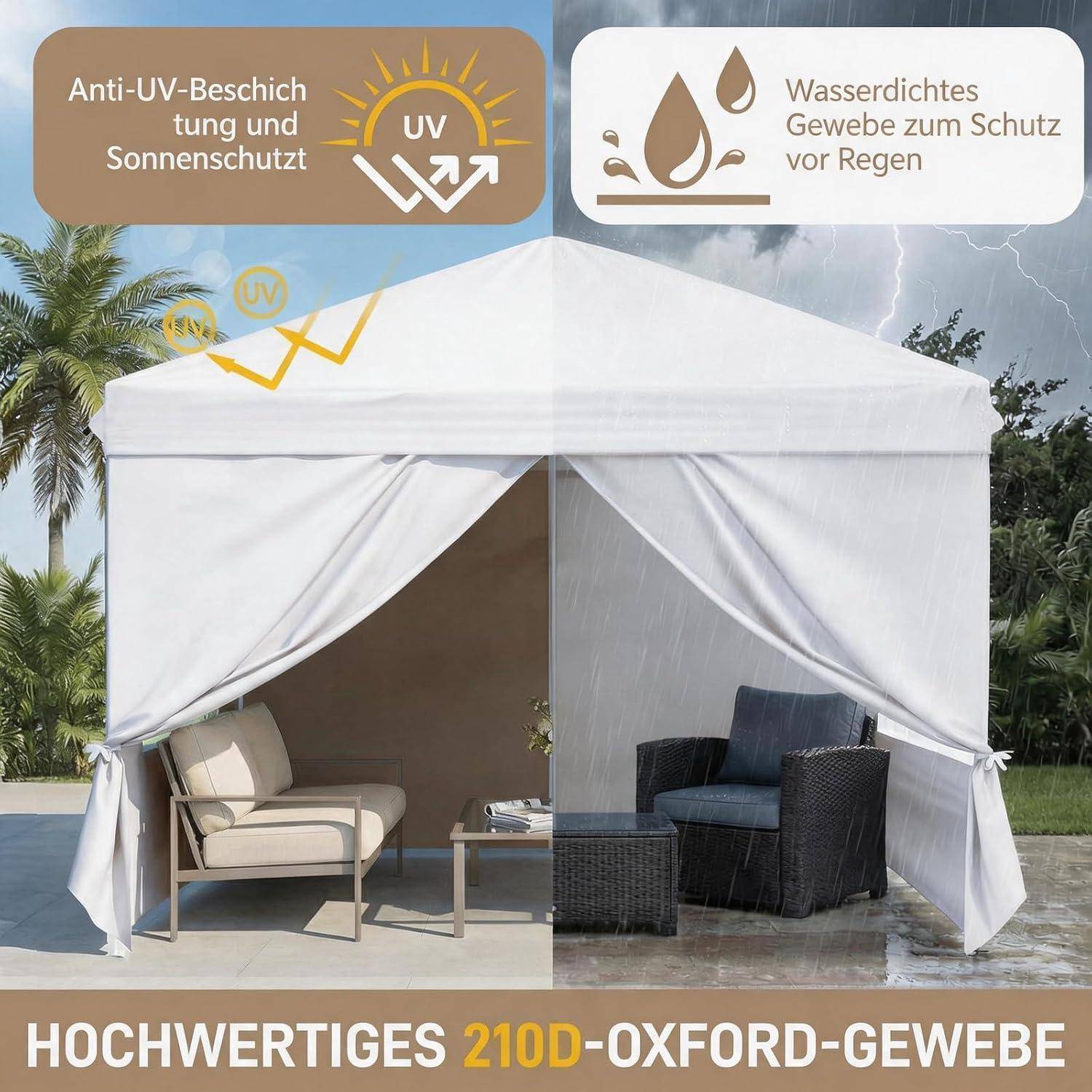 Werbebild eines weißen Pavillon-Zeltes, das in eine sonnige und regnerische Hälfte aufgeteilt ist, beschriftet mit UV-schützend und wasserdicht 210D Oxford-Stoff.