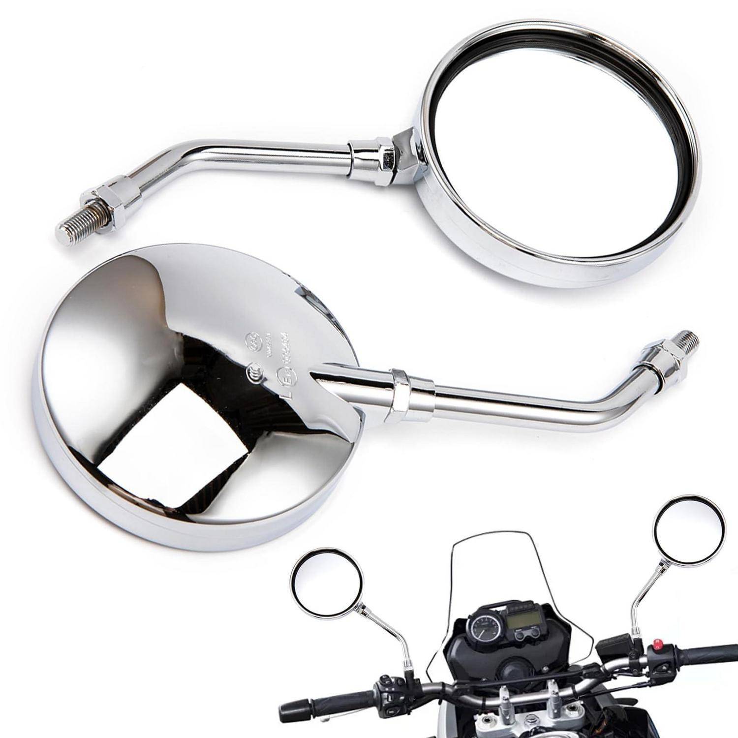 Paar chromglänzender Motorrad-Rückspiegel, gezeigt mit einer reflektierenden Fläche und einem auf dem Lenker montierten Spiegel in einer kleinen Einschaltung.