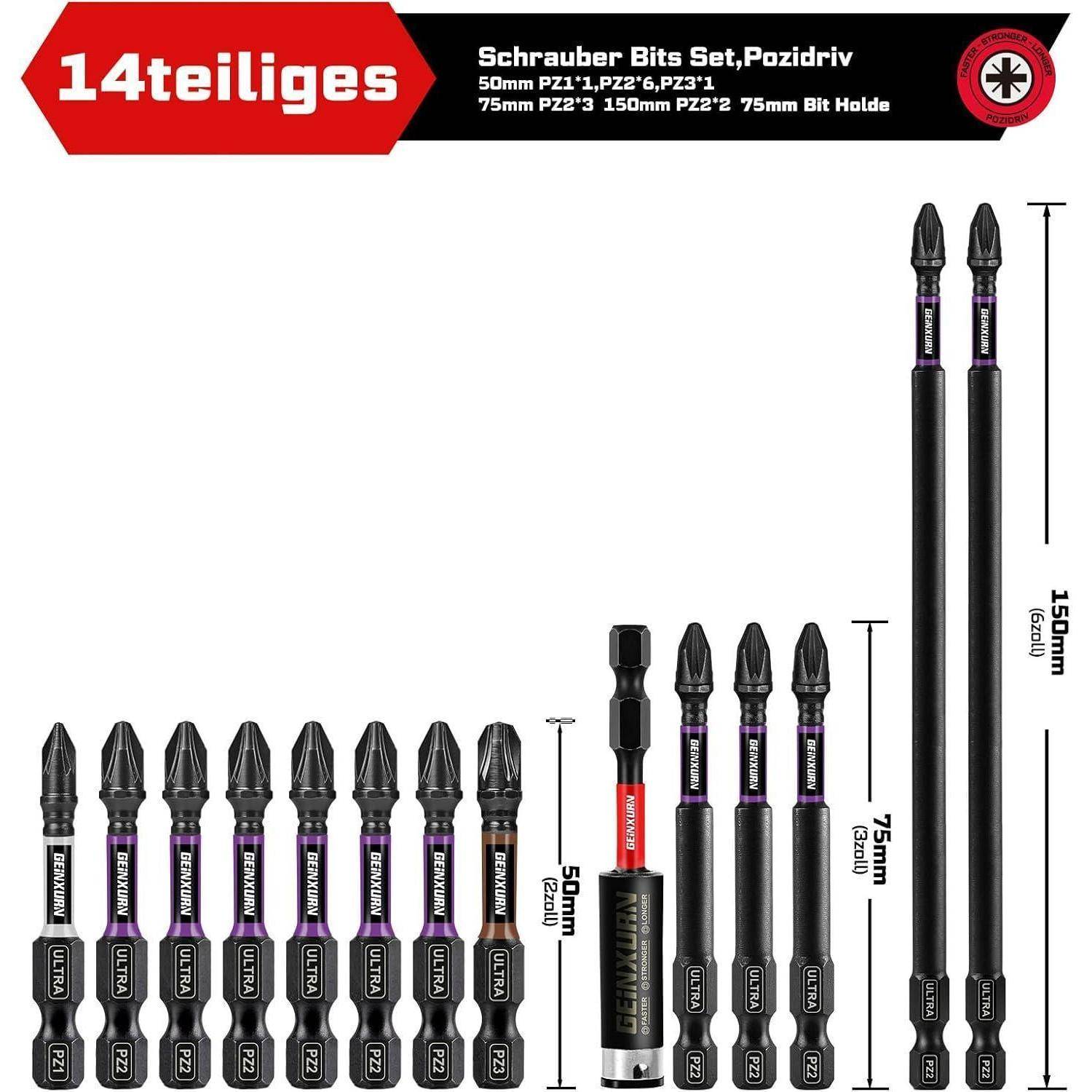 14-teiliges Pozidriv-Schraubendreher-Bit-Set mit Größen von 25 mm bis 150 mm, gezeigt in einem Produktlayout mit einem Bit-Halter.