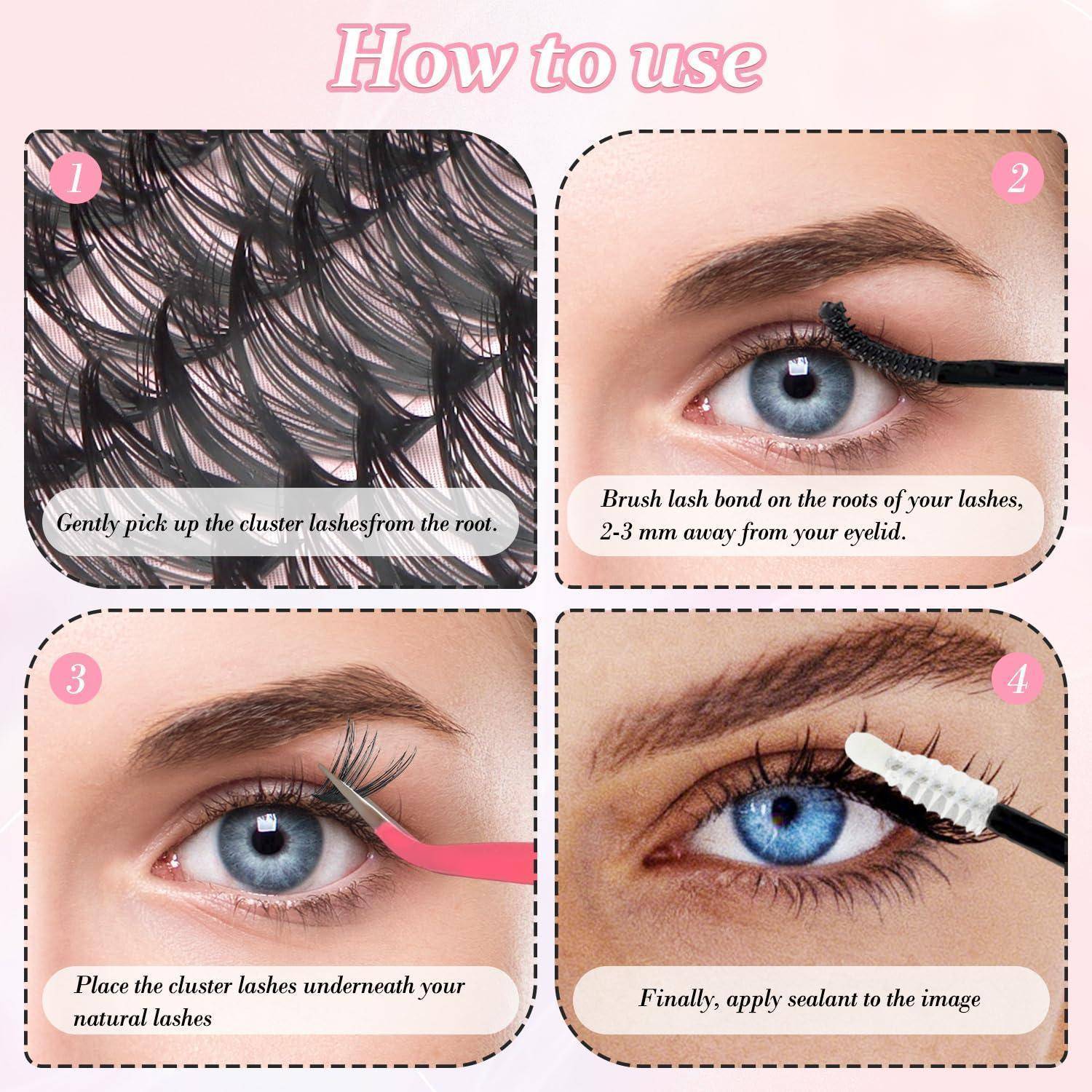 Vier-Schritt-Anleitung für Wimpernverlängerungen: Büschelwimpern aufnehmen, Wimpernkleber in der Nähe der Wurzeln auftragen, unter natürliche Wimpern platzieren und dann mit einem Pinsel versiegeln.