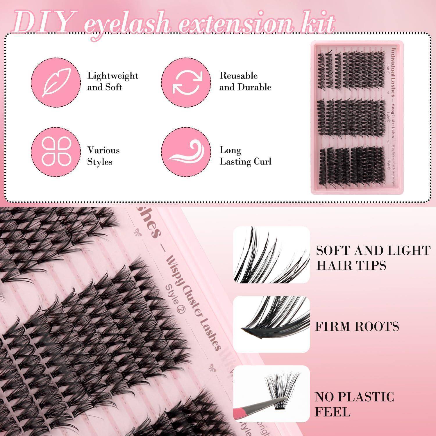 Rosa Anzeige für ein DIY-Wimpernverlängerungsset, das wiederverwendbare, leichte Wimpernbüschel, mehrere Stile und Nahaufnahmen zeigt, die weiche Spitzen und feste Wurzeln hervorheben.