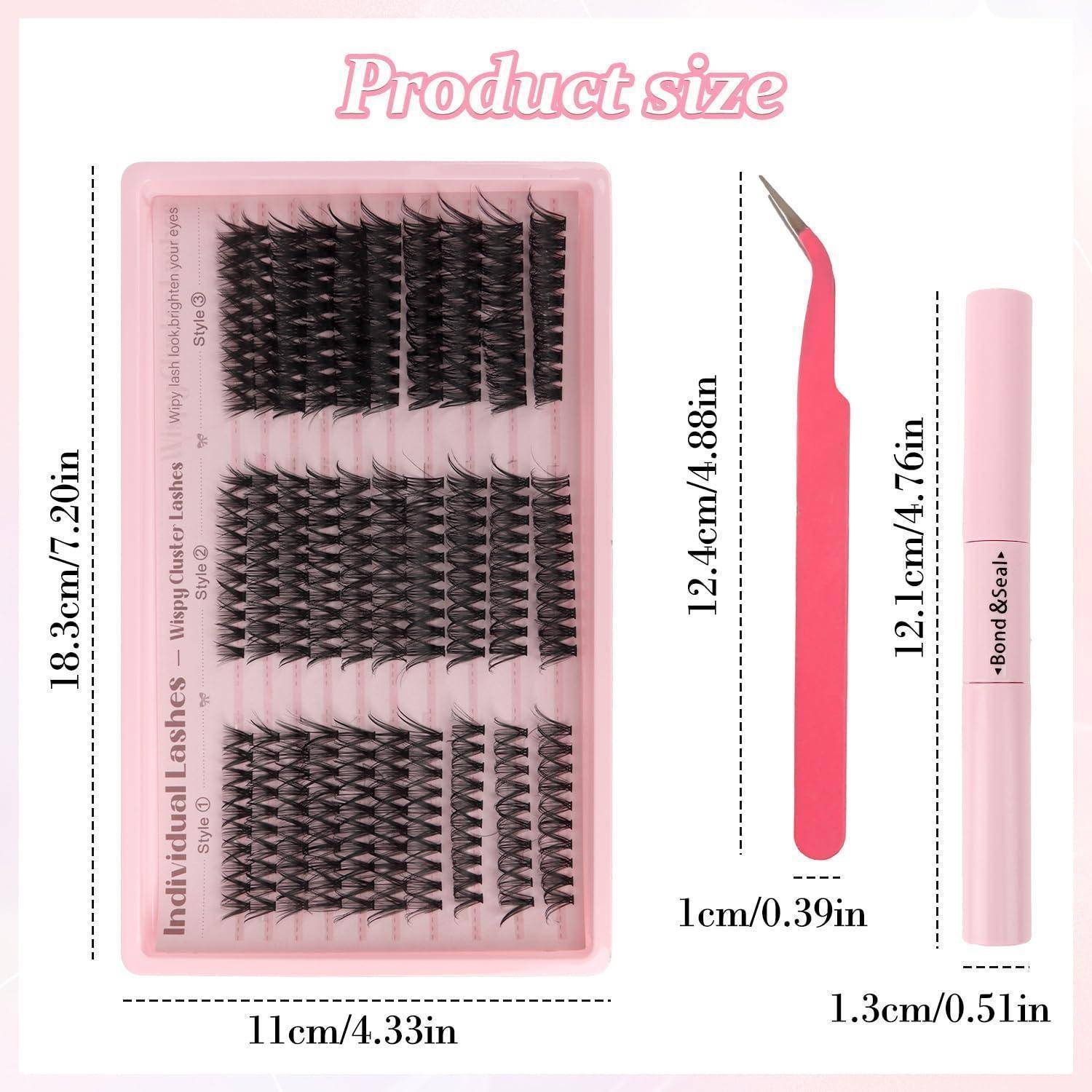 Produktgrößendiagramm, das ein Wimpernblatt, eine Pinzette und ein Lash-Versiegelungsrohr mit in cm und Zoll gekennzeichneten Abmessungen zeigt.