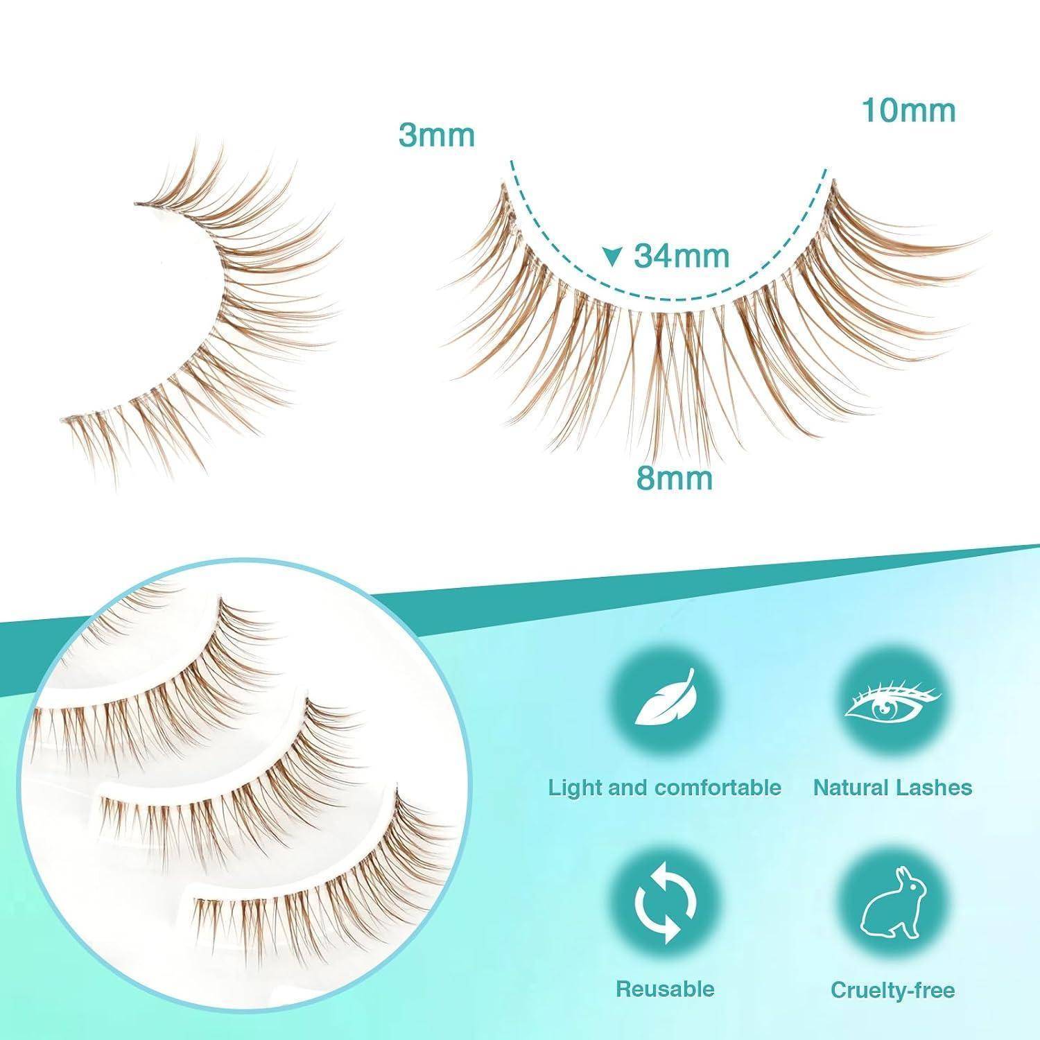Illustrierte künstliche Wimpern mit Größenangaben 3mm, 8mm, 10mm und 34mm, sowie Symbole mit den Aussagen „Leicht und komfortabel